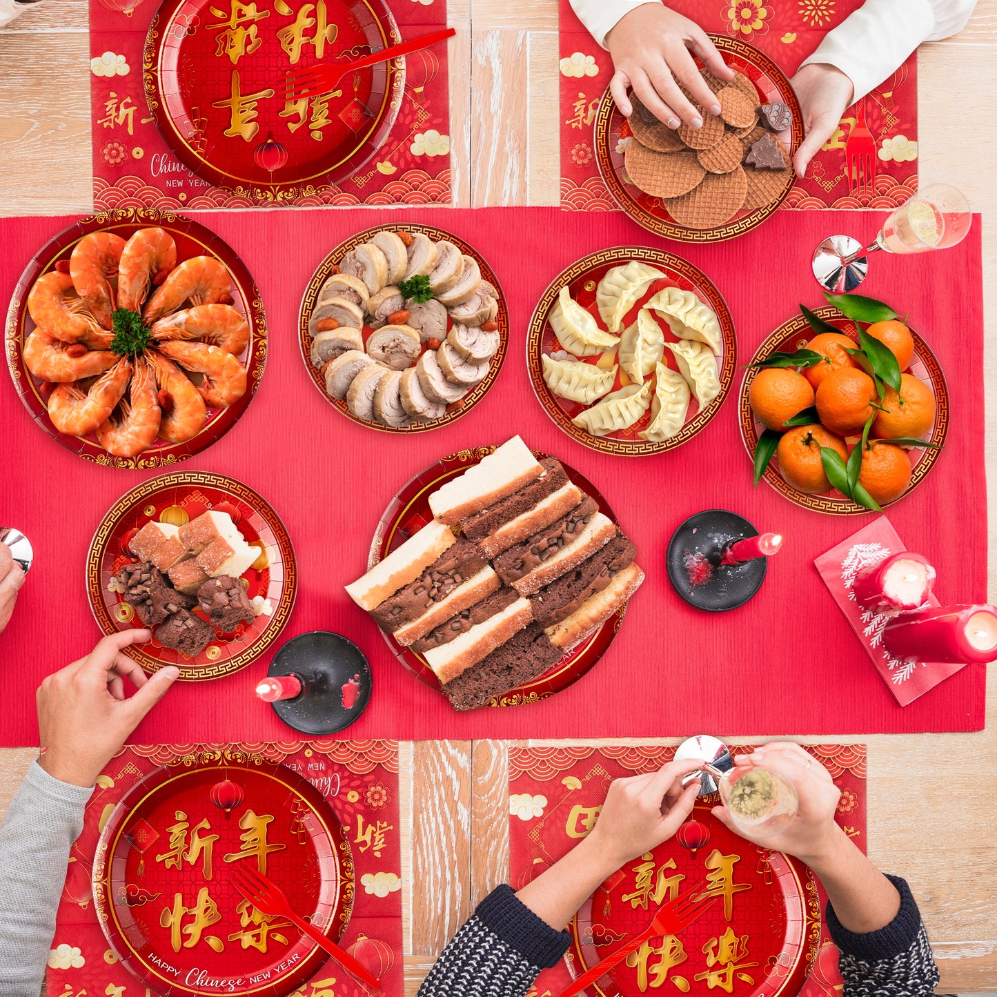 G1ngtar 96Pcs Chinese New Year Party Plates Supplies - Happy 2025 Snake Year Party Tableware Decorations Disposable Paper Plates Napkins Forks for Spring Festival Chinese New Year Eve, Serves 24