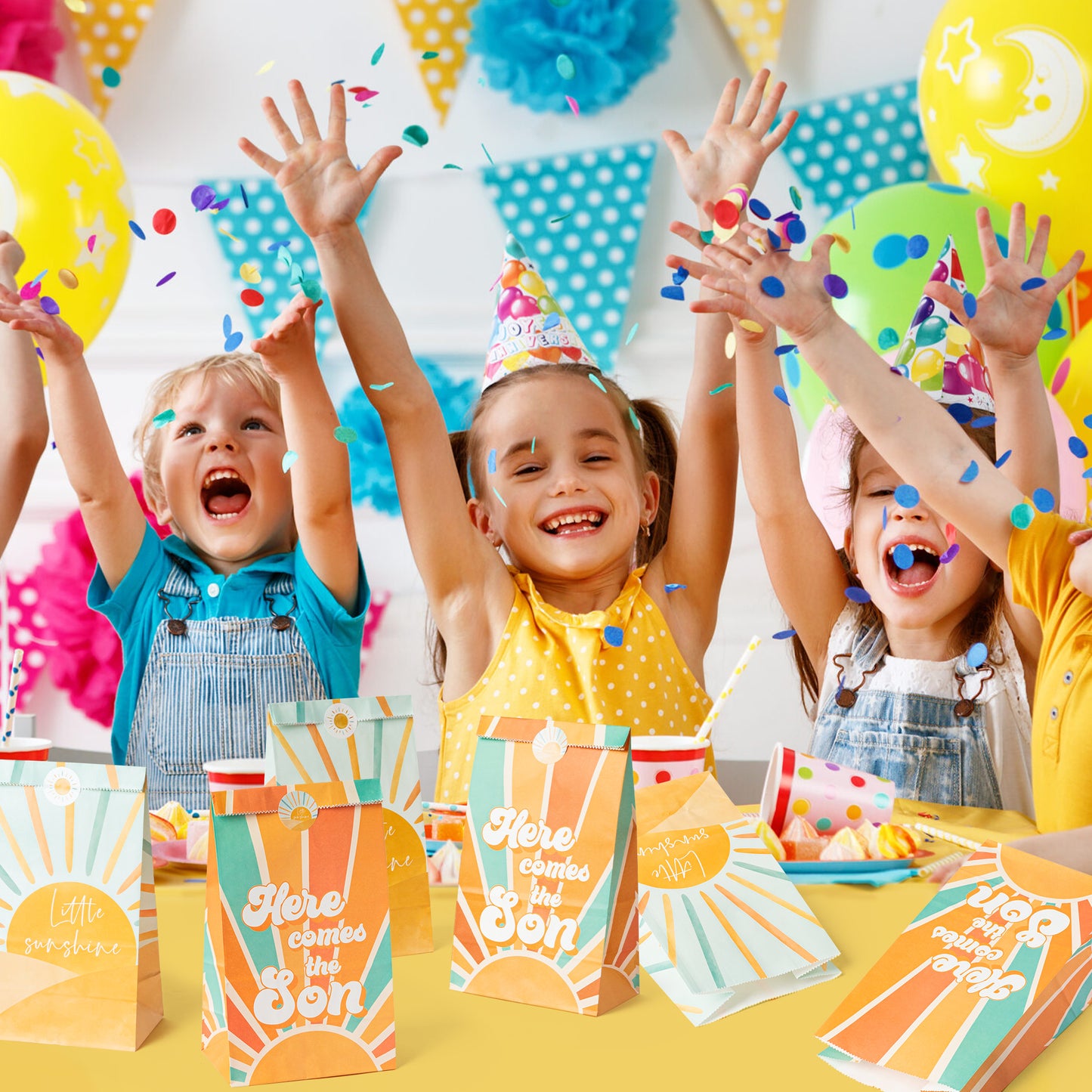 G1ngtar 24Pcs Here Comes the Son Party Favor Bags with Stickers, Retro Hippie Bohemian Muted Sunrise Goodies Bags First Trip Around the Sun You Are My Sunshine Birthday Party Decoration Supplies