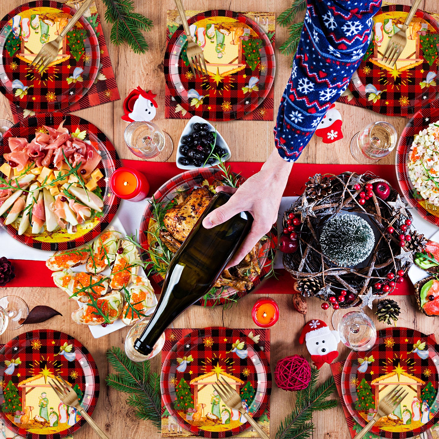 G1ngtar 96Pcs Christmas Nativity Party Plate Supplies - O Holy Night Jesus Party Tableware Decoration Religious Buffalo Plaid Disposable Paper Plate Napkin Fork for Kid Xmas Winter, Serves 24