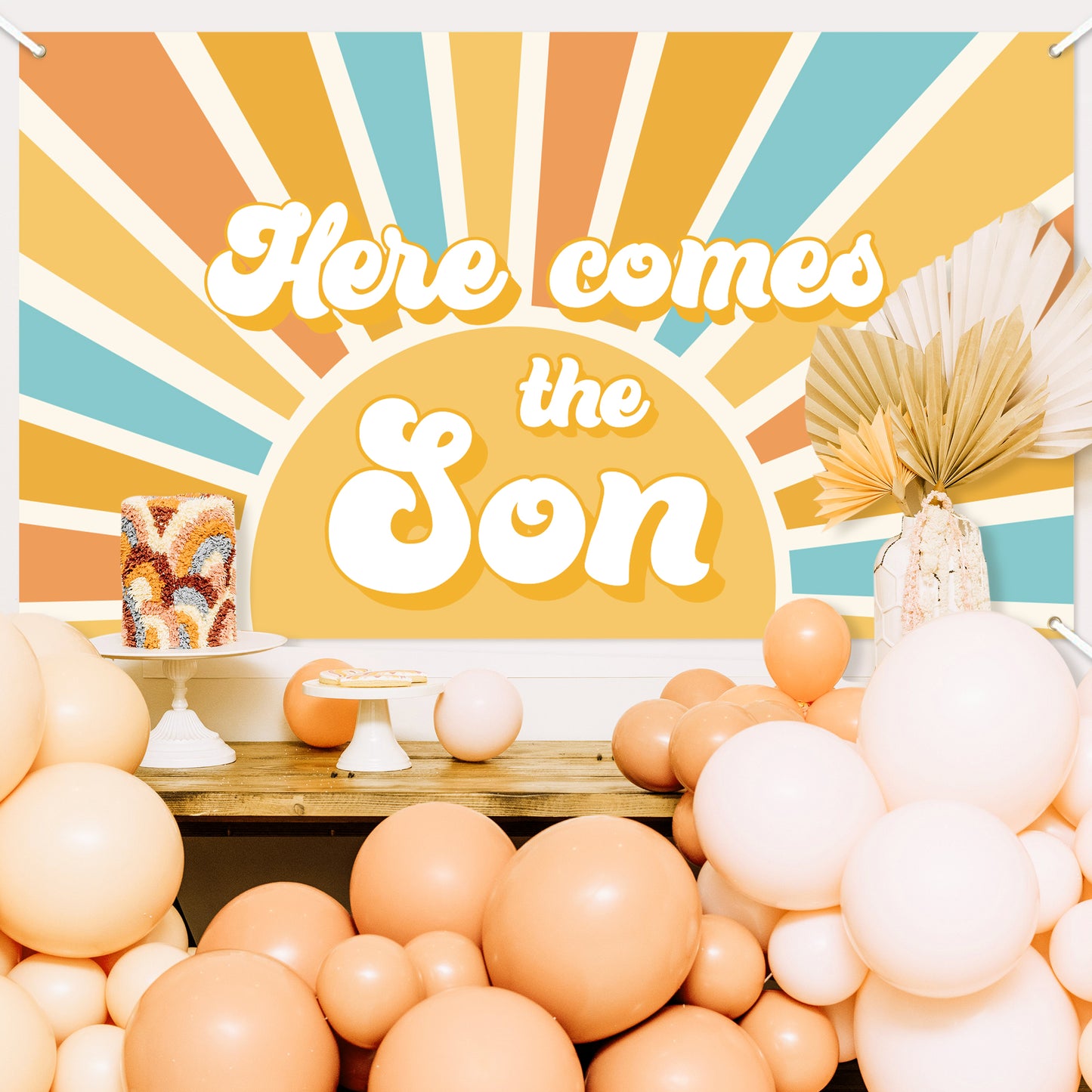 G1ngtar Here Comes the Son Baby Shower Backdrop Banner Boho Sun Retro Muted Sunrise Fabric Wall Hanging Decor Birthday Party Photo Background First Trip Around the Sun Decorations Supplies for Boys