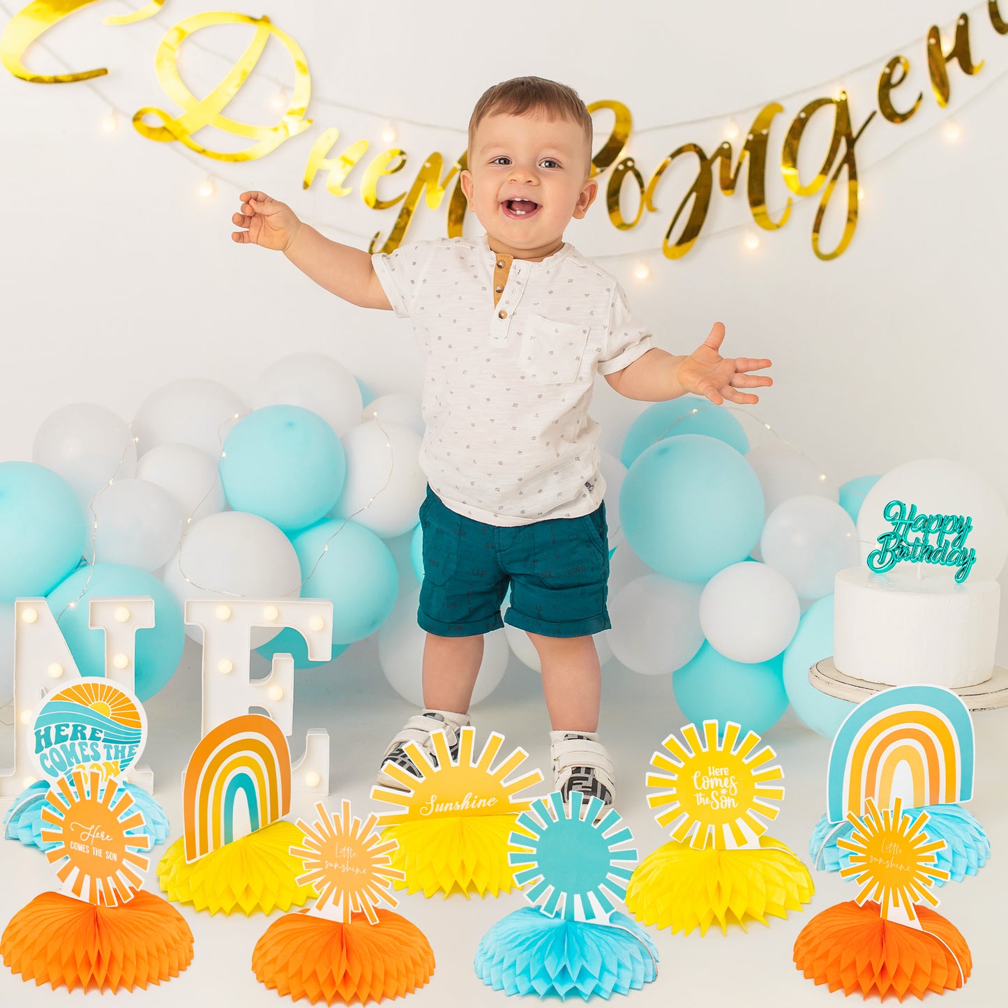 G1ngtar 9Pcs Here Comes the Son Honeycomb Centerpieces Table Topper Retro Hippie Bohemian Rainbow Muted Sun Table Decor First Trip Around the Sun Birthday Party Baby Shower Decoration for Baby Boys
