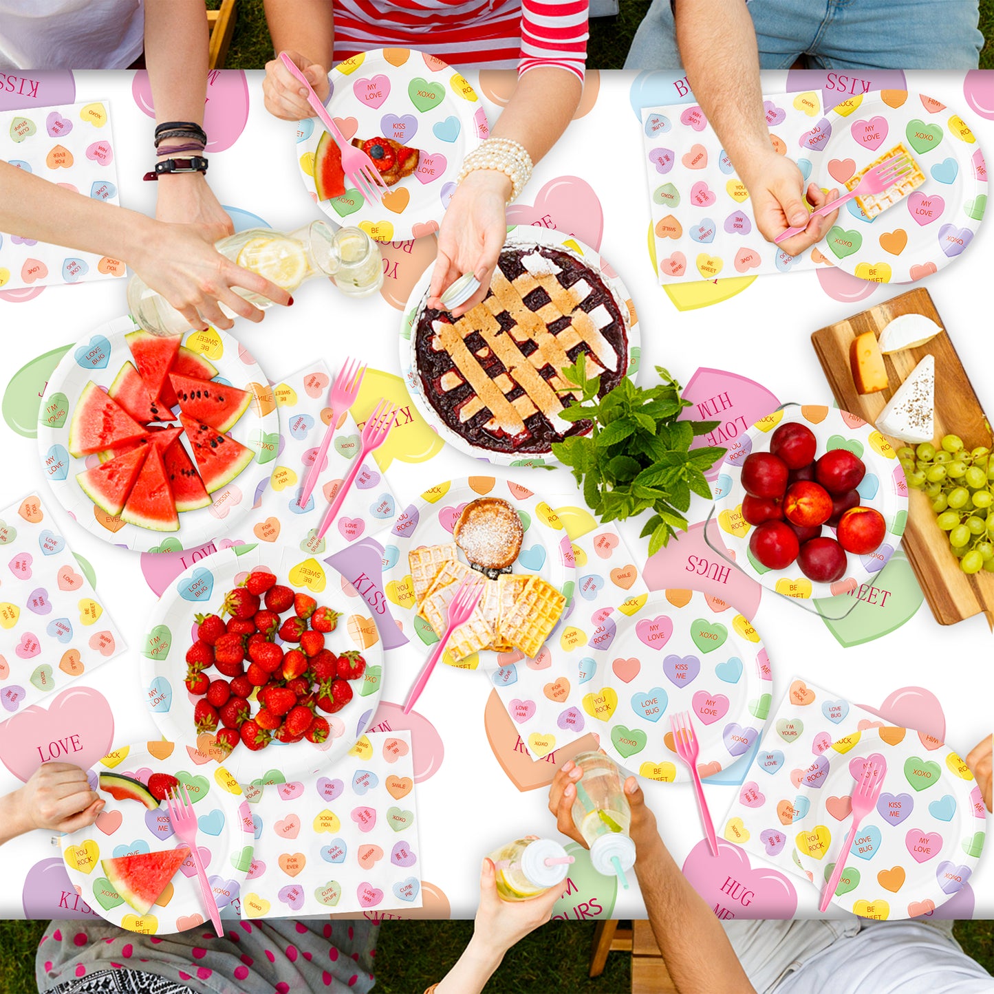 G1ngtar 99Pcs Conversation Heart Party Supplies - Valentine’s Day Party Tableware Decoration Colorful Heart Candy Disposable Paper Plate Tablecloth Banner Napkin Fork for Valentine Birthday, Serves 24