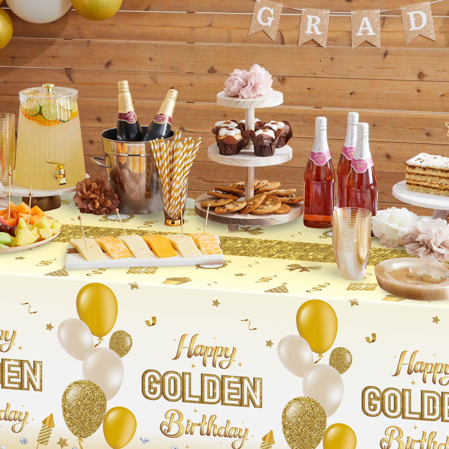 G1ngtar 3Pcs Happy Golden Birthday Party Tablecloths Gold Glitter Golden Disposable Plastic Waterproof Rectangular Table Covers Golden Birthday Party Decorations Anniversary Supplies 86.6 x 51.2 Inch