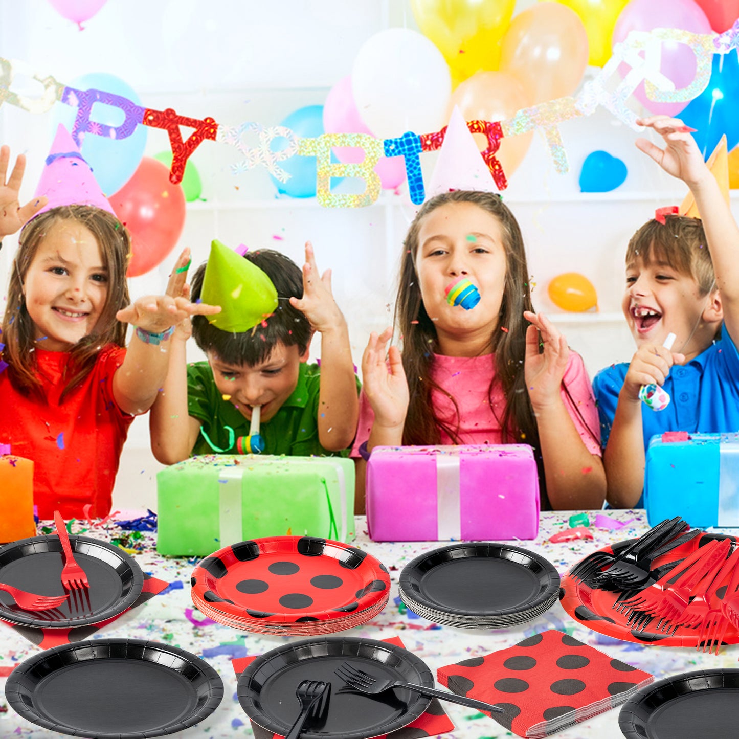 G1ngtar 96Pcs Ladybug Party Plates Supplies - Red and Black Polka Dot Party Tableware Decorations Cute Lady Bug Disposable Paper Plates Napkins Forks for Kids Birthday Baby Shower, Serves 24 Guests