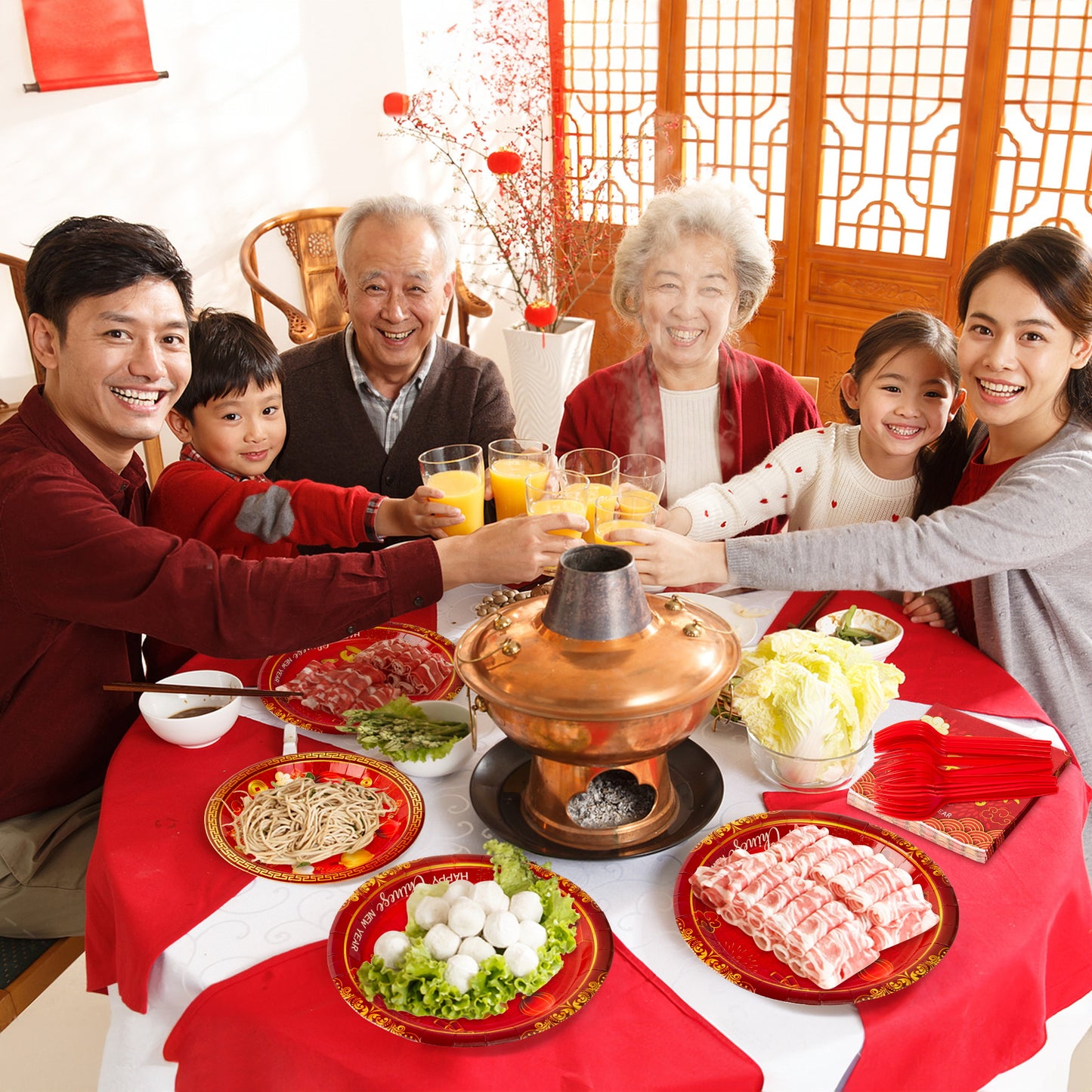 G1ngtar 96Pcs Chinese New Year Party Plates Supplies - Happy 2025 Snake Year Party Tableware Decorations Disposable Paper Plates Napkins Forks for Spring Festival Chinese New Year Eve, Serves 24