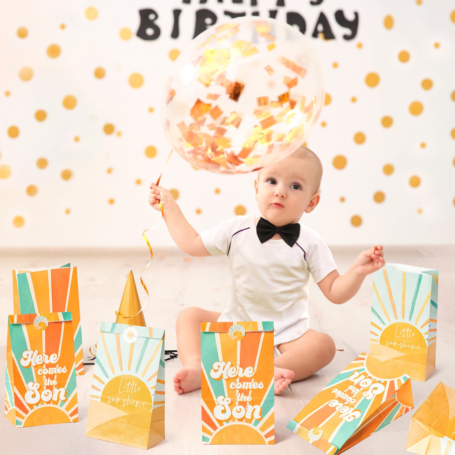 G1ngtar 24Pcs Here Comes the Son Party Favor Bags with Stickers, Retro Hippie Bohemian Muted Sunrise Goodies Bags First Trip Around the Sun You Are My Sunshine Birthday Party Decoration Supplies