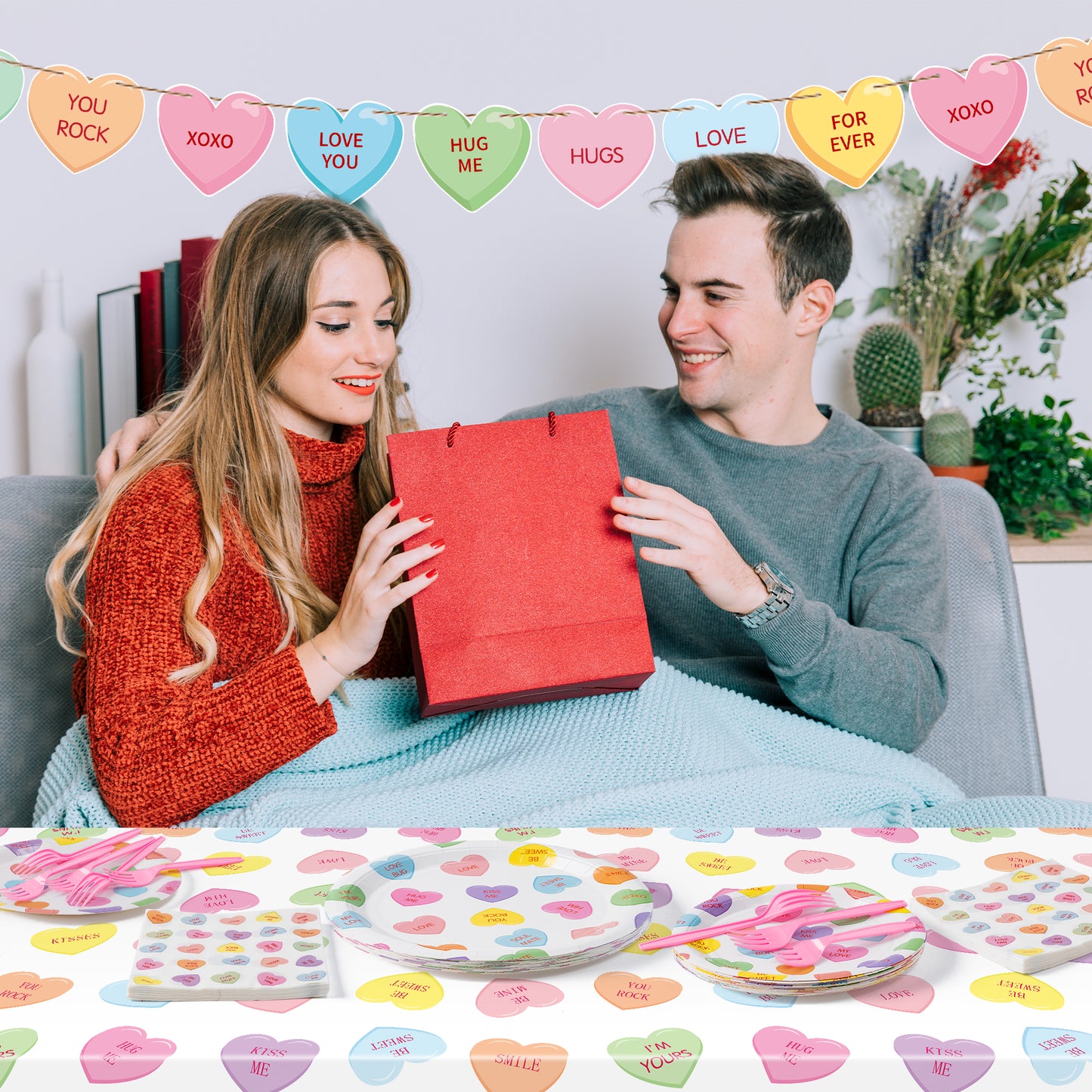 G1ngtar 99Pcs Conversation Heart Party Supplies - Valentine’s Day Party Tableware Decoration Colorful Heart Candy Disposable Paper Plate Tablecloth Banner Napkin Fork for Valentine Birthday, Serves 24