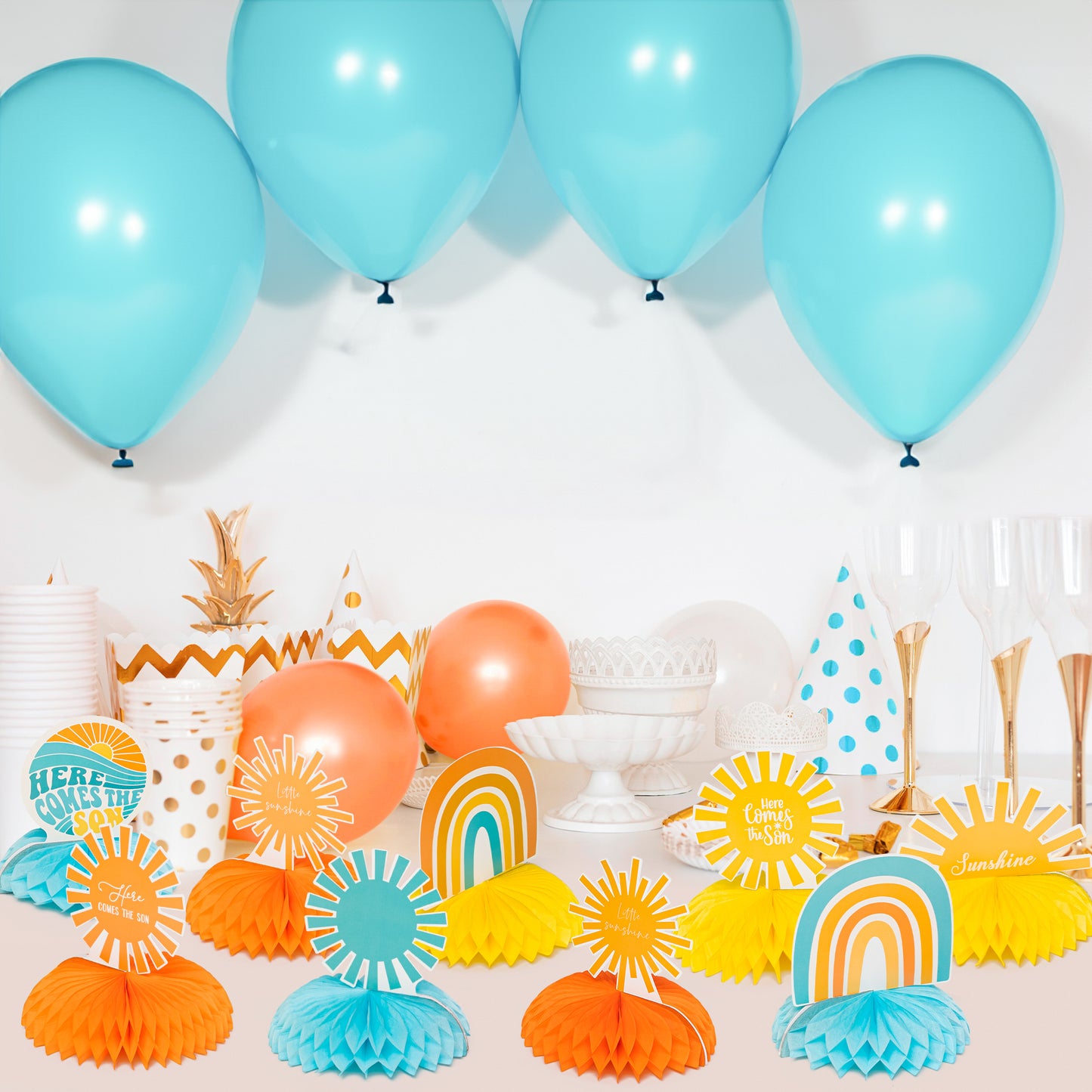 G1ngtar 9Pcs Here Comes the Son Honeycomb Centerpieces Table Topper Retro Hippie Bohemian Rainbow Muted Sun Table Decor First Trip Around the Sun Birthday Party Baby Shower Decoration for Baby Boys