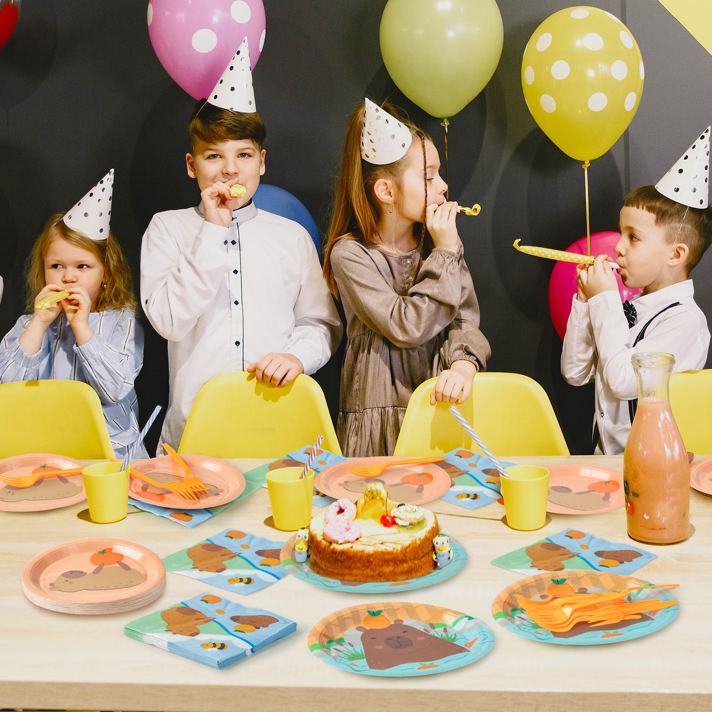 G1ngtar 96Pcs Capybara Party Plates Supplies - Cute Cartoon Capybara Party Tableware Decorations Animal Orange Disposable Paper Plates Napkins Forks for Kids Birthday Baby Shower, Serves 24 Guests