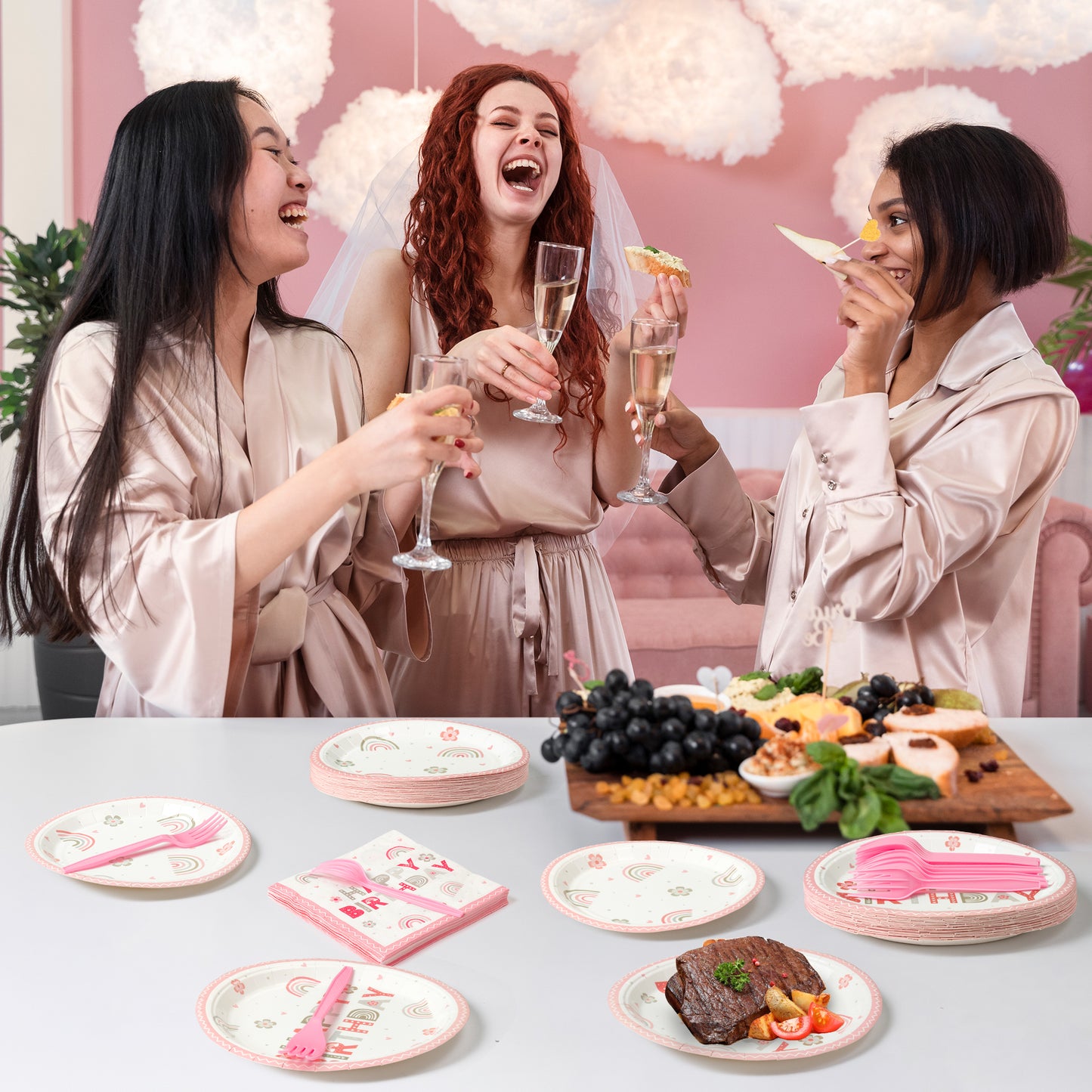 G1ngtar 96Pcs Pink Boho Rainbow Party Plates Supplies - Happy Birthday Bohemian Party Tableware Decorations Flower Heart Disposable Paper Plates Napkins Forks for Kids Birthday Baby Shower, Serves 24
