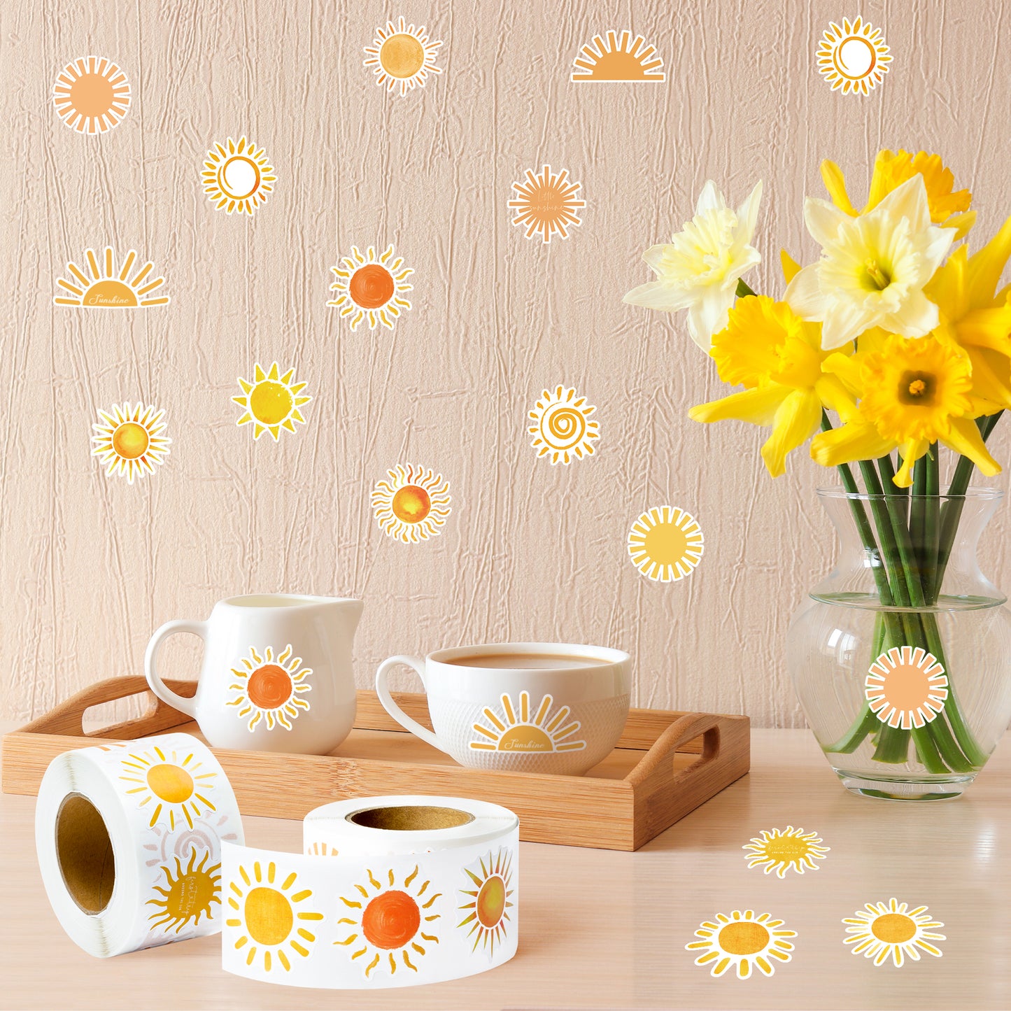 G1ngtar 1000Pcs Boho Sun Stickers Roll, First Trip Around the Sun Assorted Design Muted Sunshine Self Adhesive Labels Decal 16 Styles Baby Shower Birthday Party Supplies Decoration Envelope Seals