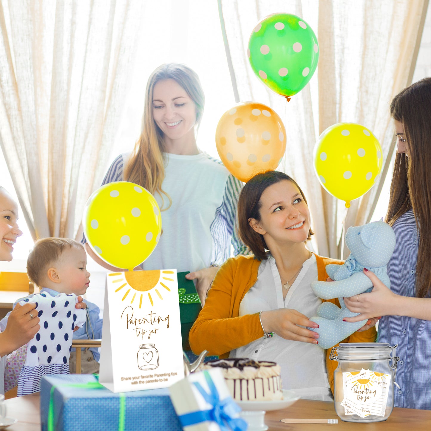 G1ngtar Boho Sun Baby Shower Game - Baby Shower Advice for Parents to Be - Parenting Tip Jar Sign 60 Parenting Advice Cards 2 Cute Stickers 1 PET Bottle 10 Pencils for New Parents Guests