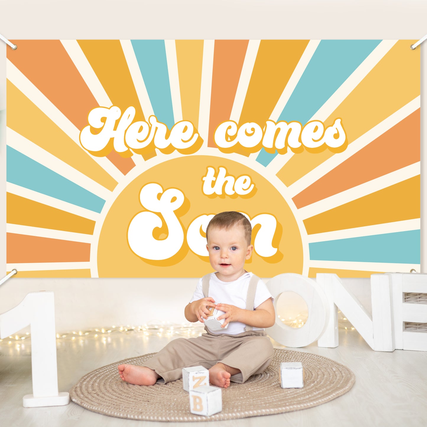 G1ngtar Here Comes the Son Baby Shower Backdrop Banner Boho Sun Retro Muted Sunrise Fabric Wall Hanging Decor Birthday Party Photo Background First Trip Around the Sun Decorations Supplies for Boys