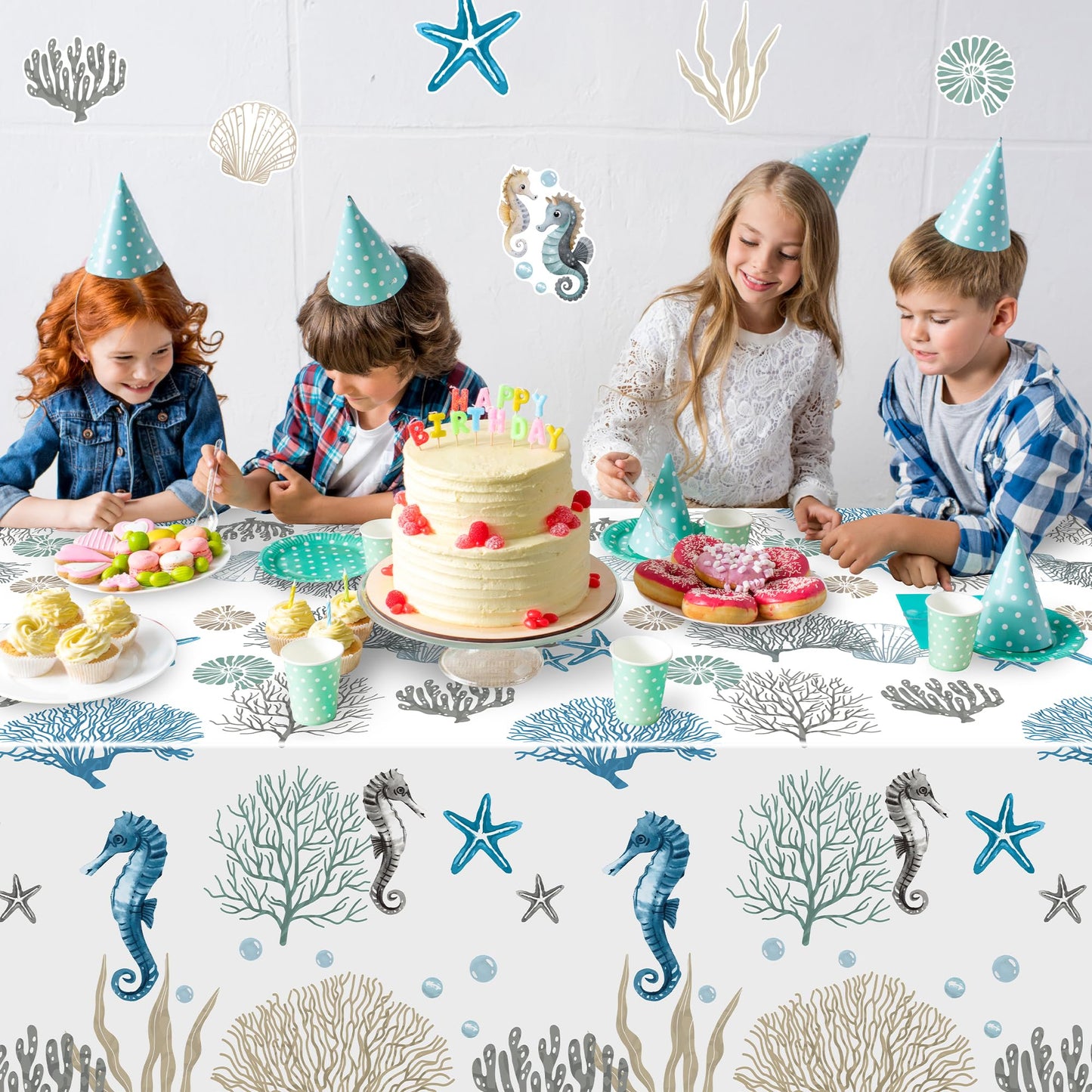 G1ngtar 3Pcs Ocean Seashell Coastal Beach Party Tablecloths Disposable Plastic Waterproof Rectangular Table Covers Summer Starfish Coral Baby Shower Party Decorations Supplies, 86.6"x51.2"