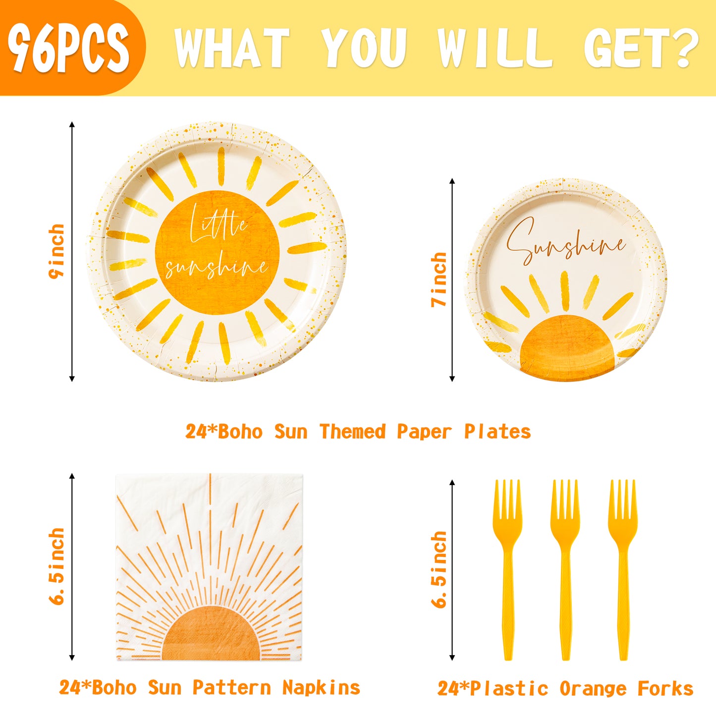 G1ngtar 96Pcs Boho Sun Party Tableware Set - Include Paper Plates Napkins Yellow Forks, First Trip Around The Sun Groovy Disposable Lunch Party Supplies Decorations for Birthday Picnic Baby Shower