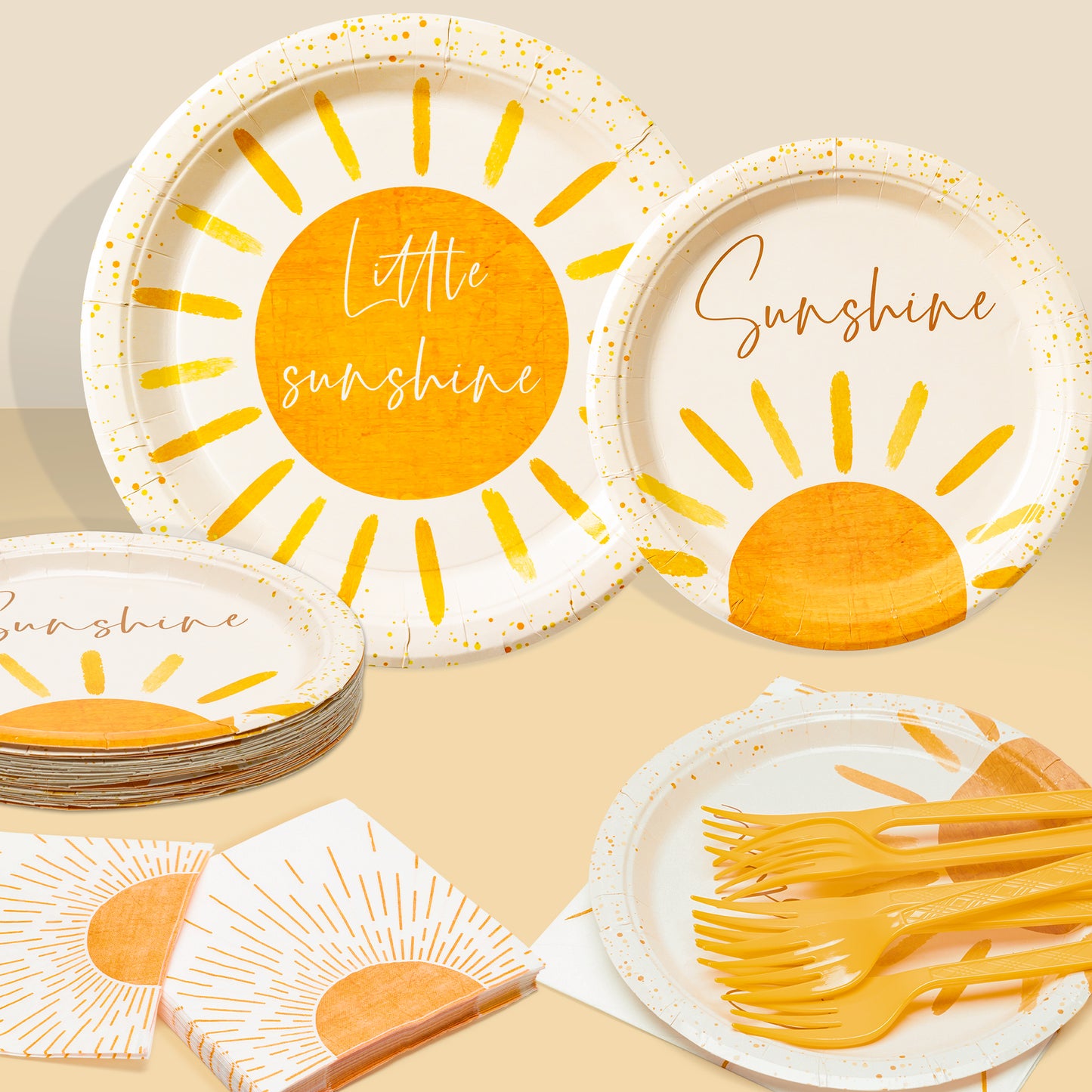 G1ngtar 96Pcs Boho Sun Party Tableware Set - Include Paper Plates Napkins Yellow Forks, First Trip Around The Sun Groovy Disposable Lunch Party Supplies Decorations for Birthday Picnic Baby Shower