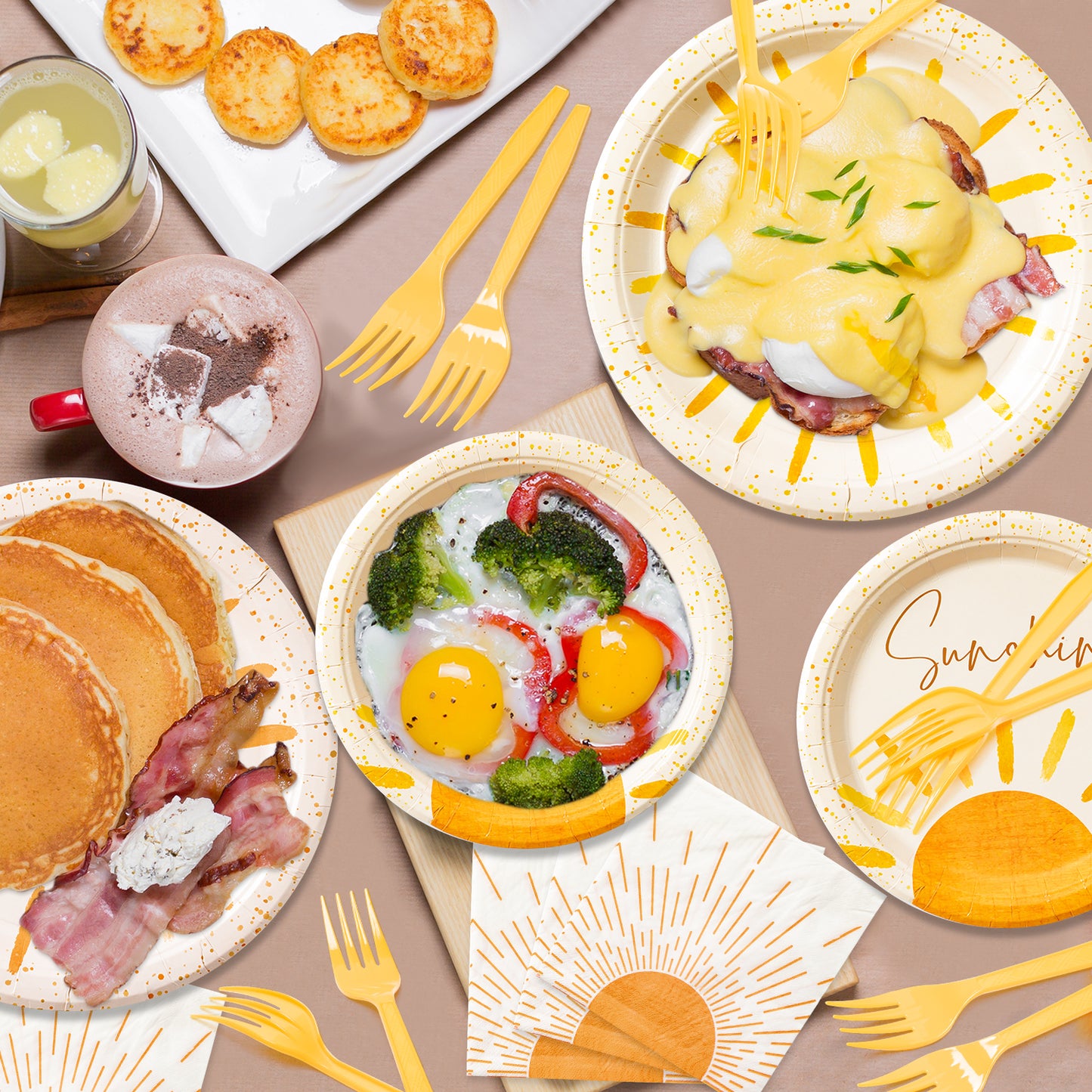 G1ngtar 96Pcs Boho Sun Party Tableware Set - Include Paper Plates Napkins Yellow Forks, First Trip Around The Sun Groovy Disposable Lunch Party Supplies Decorations for Birthday Picnic Baby Shower