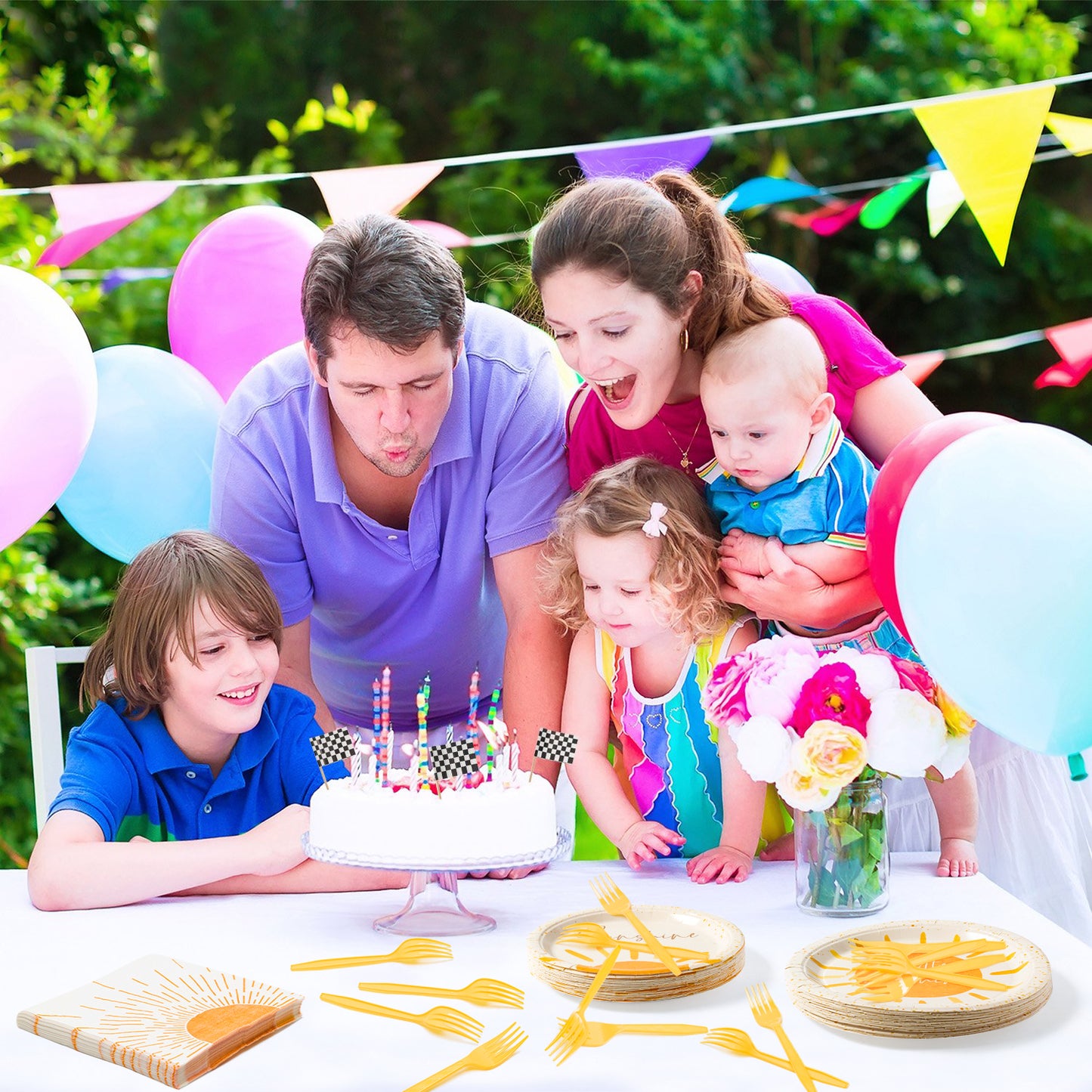 G1ngtar 96Pcs Boho Sun Party Tableware Set - Include Paper Plates Napkins Yellow Forks, First Trip Around The Sun Groovy Disposable Lunch Party Supplies Decorations for Birthday Picnic Baby Shower