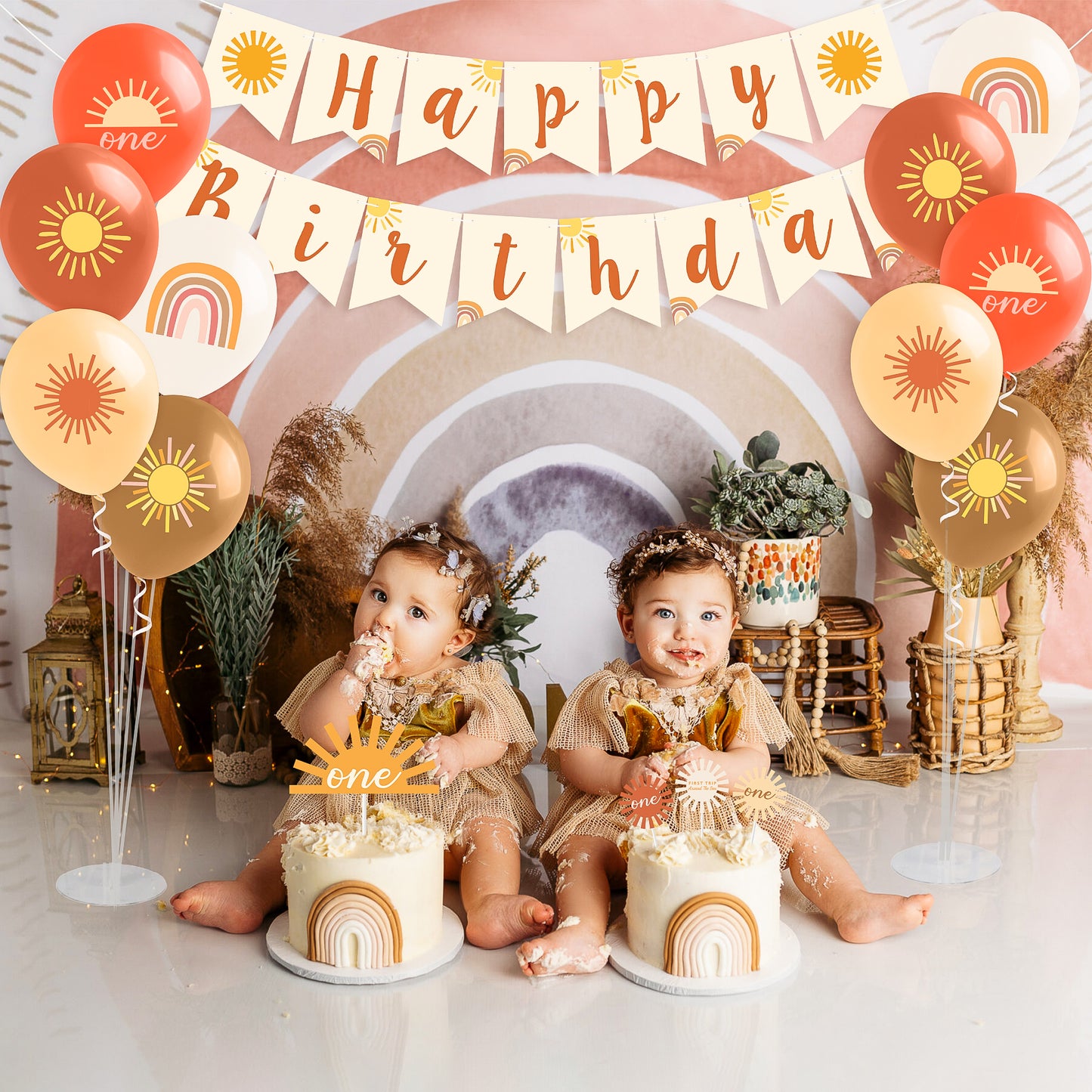 G1ngtar 51Pcs Boho Sun First Trip Around the Sun First Birthday Party Decoration Bohemian Hippie Boho Rainbow Sun Happy Birthday Banner Cake Toppers Balloons Baby Shower Supplies for Baby Boys Girls