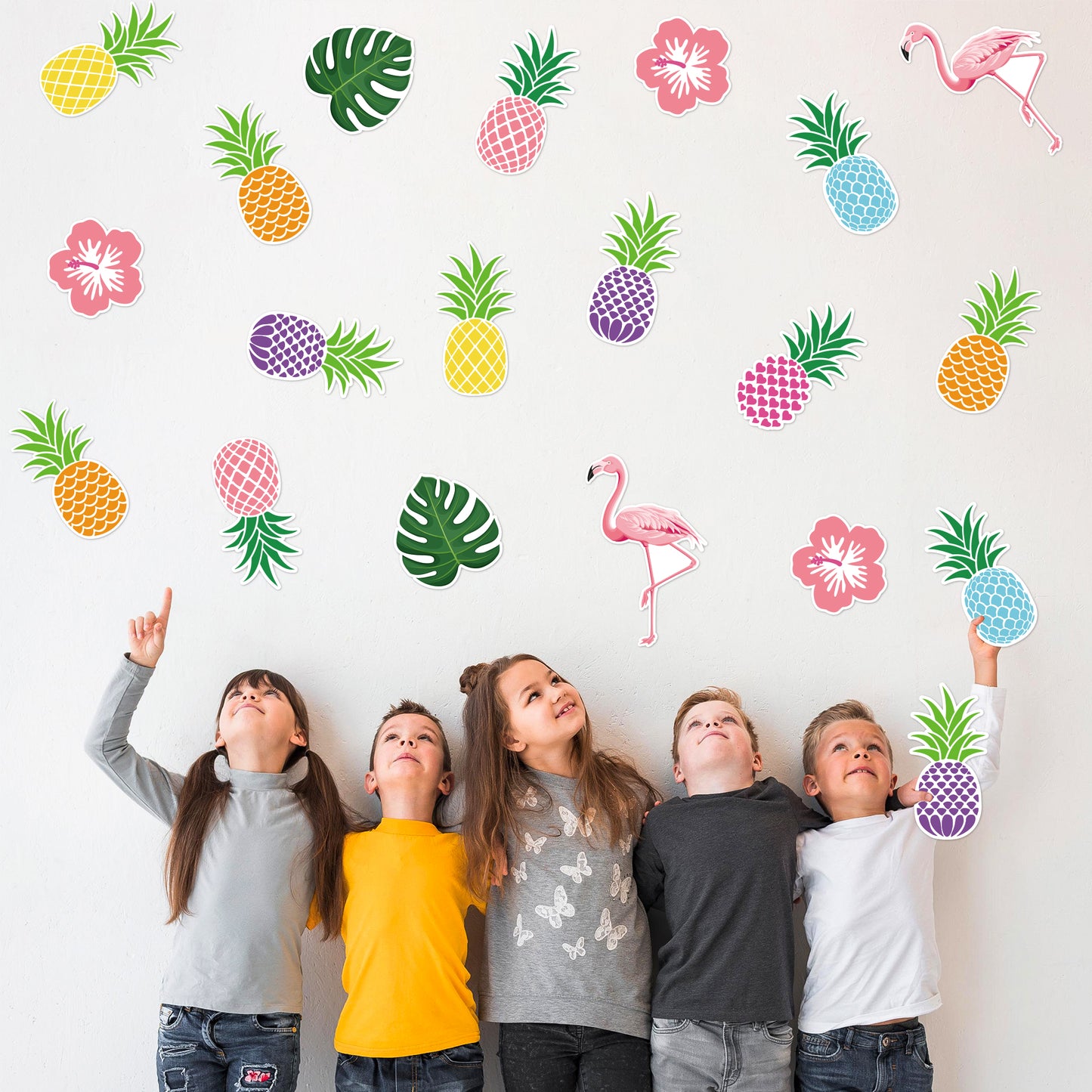 G1ngtar 50Pcs Summer Tropical Hawaiian Bulletin Board Decoration Set Hawaii Pineapple Flamingo Palm Leaves Luau Hibiscus Flowers Cutouts Wall Decals Teacher Supplies for Classroom School Kindergarten
