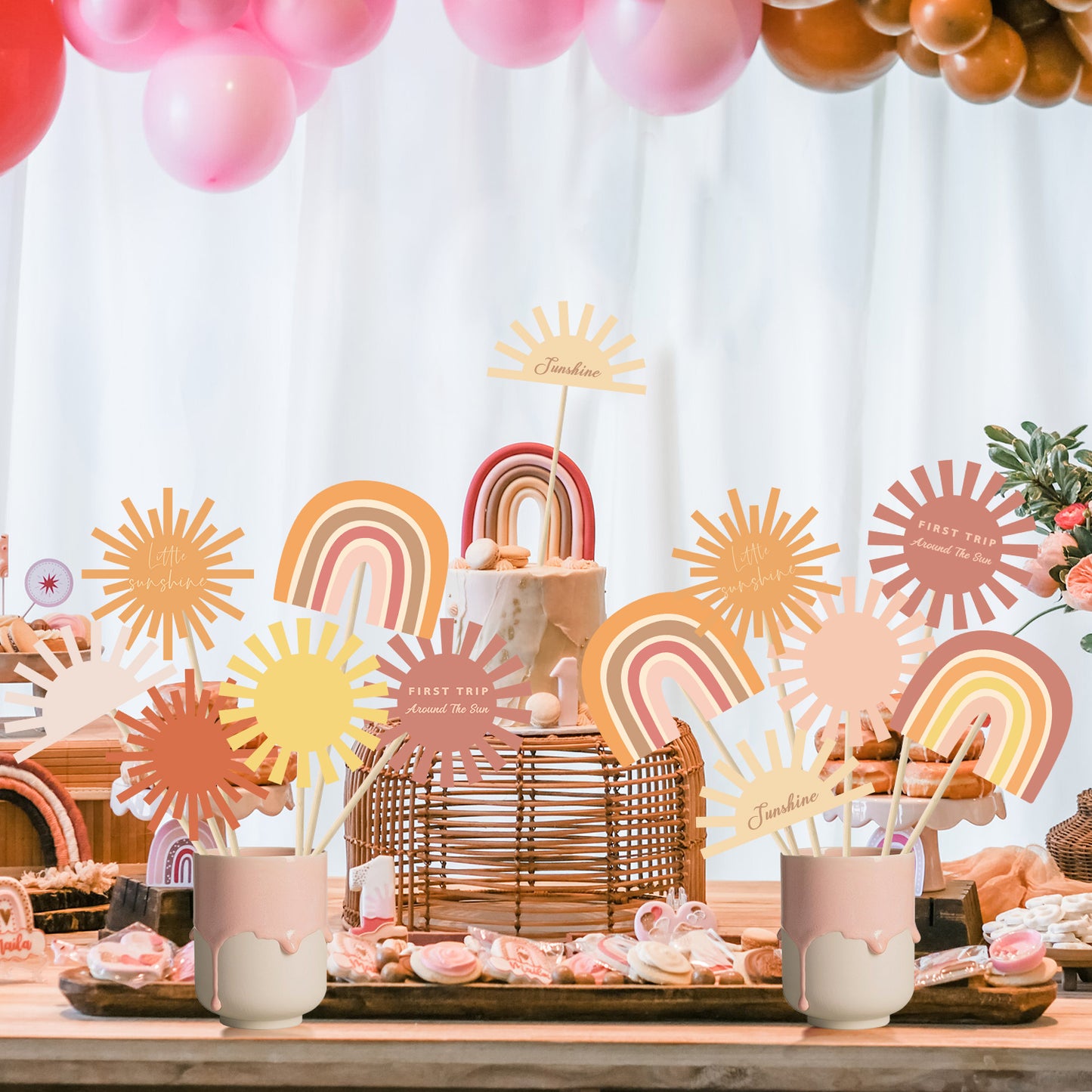G1ngtar 30Pcs Boho Sun Party Centerpiece Sticks Table Toppers Bohemian Hippie Rainbow Muted Sun Table Decor First Trip Around the Sun Birthday Party Decoration Baby Shower Supplies for Baby Boys Girls