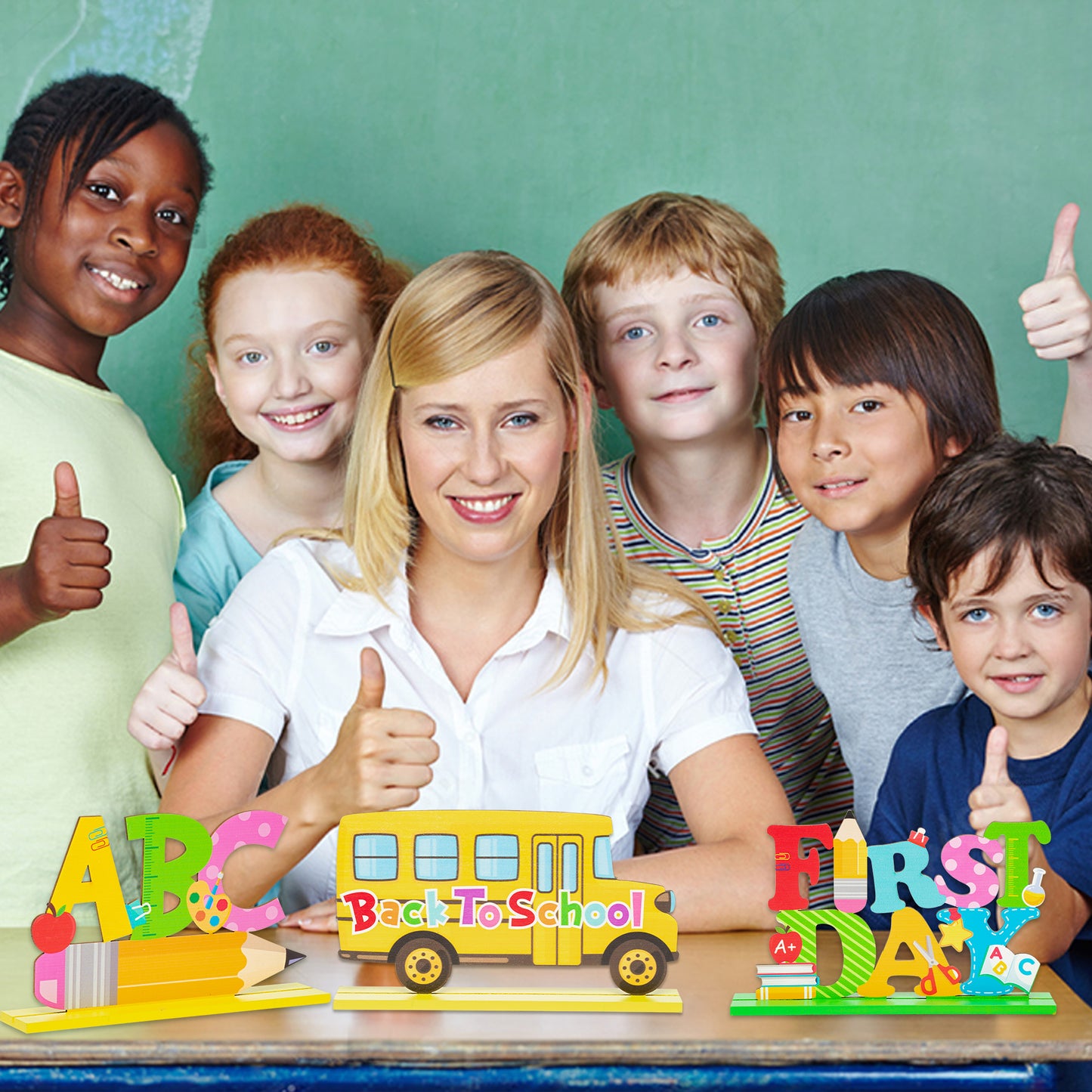 G1ngtar 3Pcs Welcome Back to School Table Decoration Set First Day of School Wooden Table Centerpieces School Bus ABC Pencil Sign Photo Props Teacher Supplies for School Classroom Kindergarten