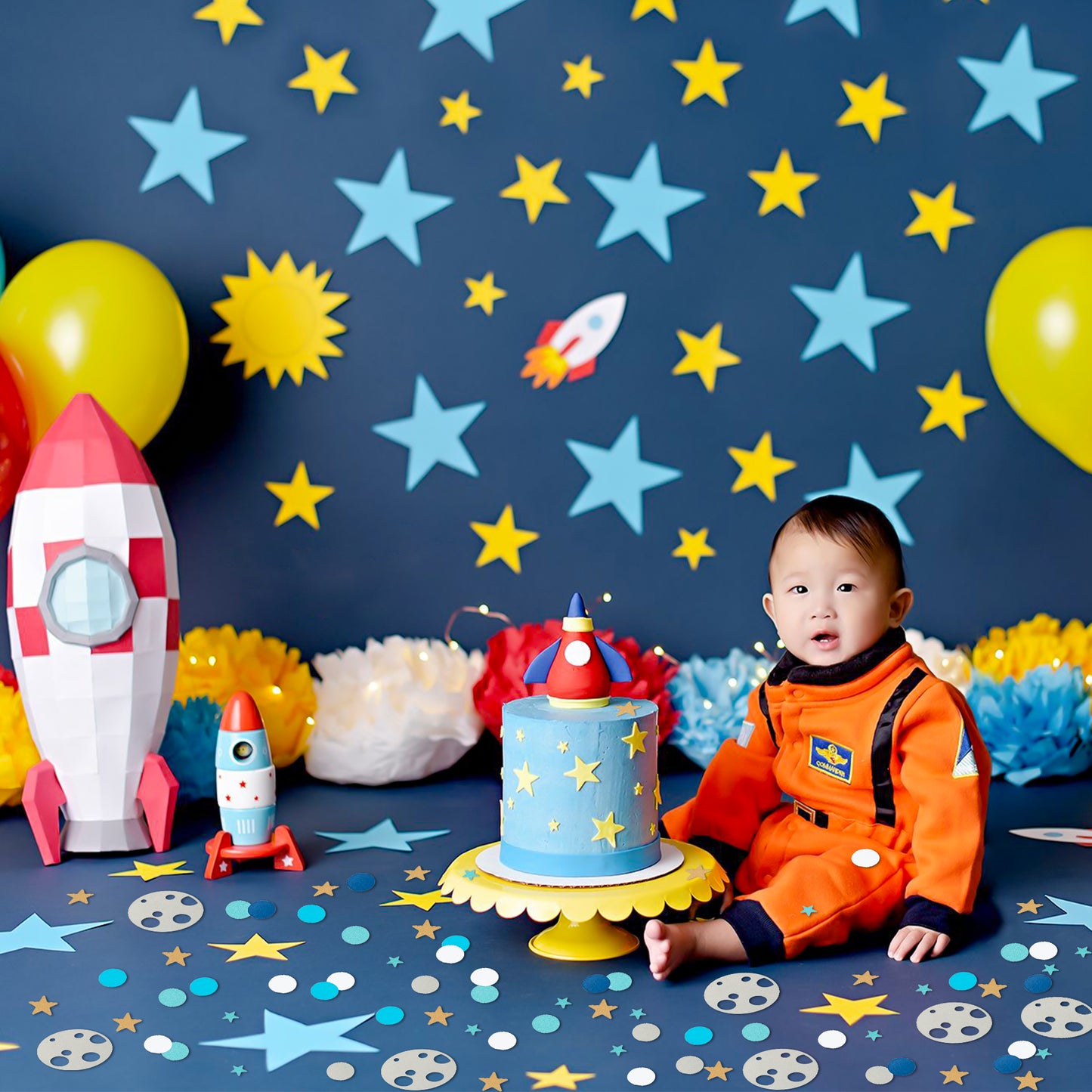 G1ngtar 315Pcs First Trip Around the Sun Outer Space Galaxy Confetti Moon and Star Round Scatter Confetti Dots Universe Planets Table Decorations Supplies for Baby Shower Wedding 1st Birthday Party