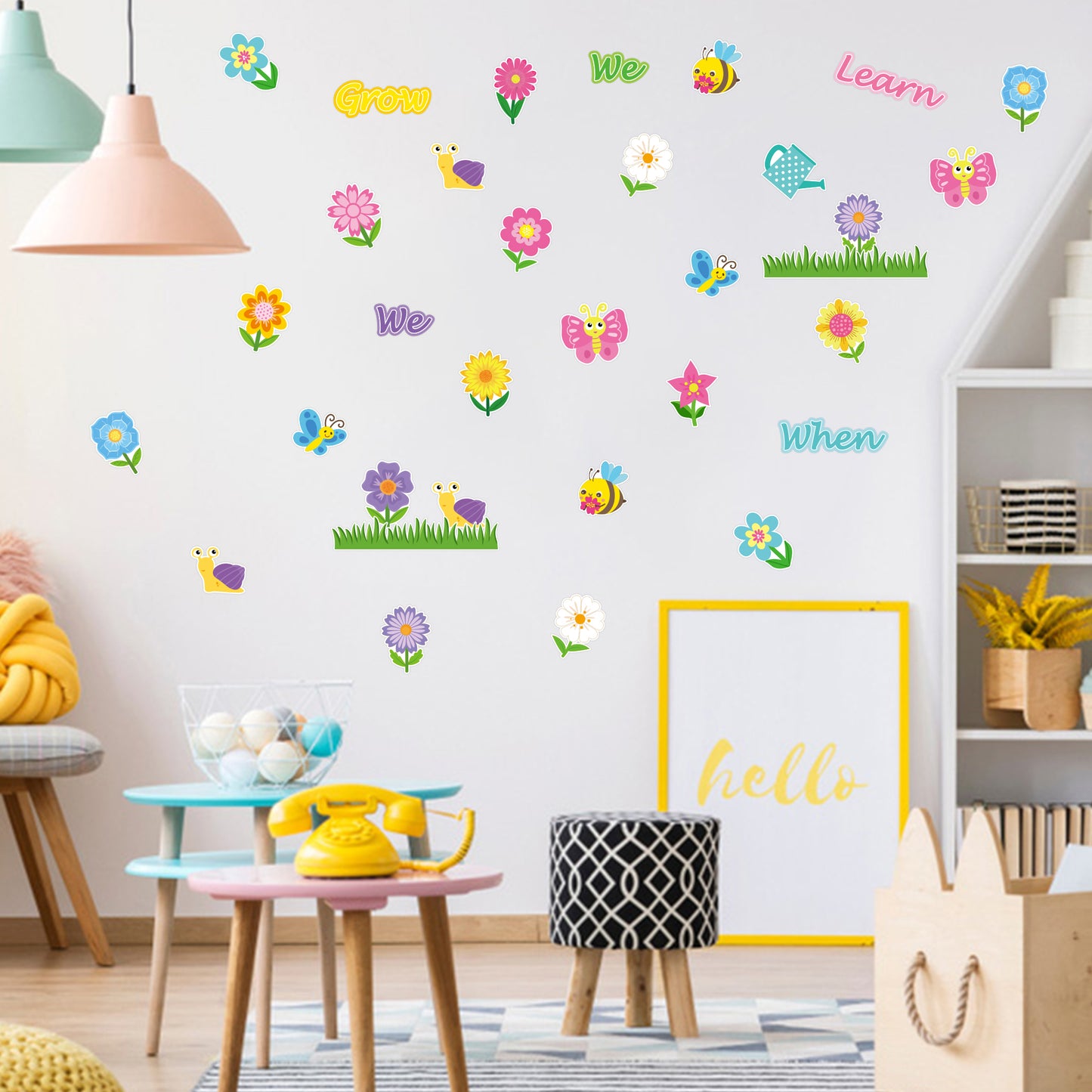 G1ngtar 64 Pcs When We Learn We Grow Bulletin Board Decoration Set Spring Summer Butterfly Bee Snail Flowers DIY Cardstock Paper Cutouts Wall Decals Teacher Supplies for Classroom School Kindergarten