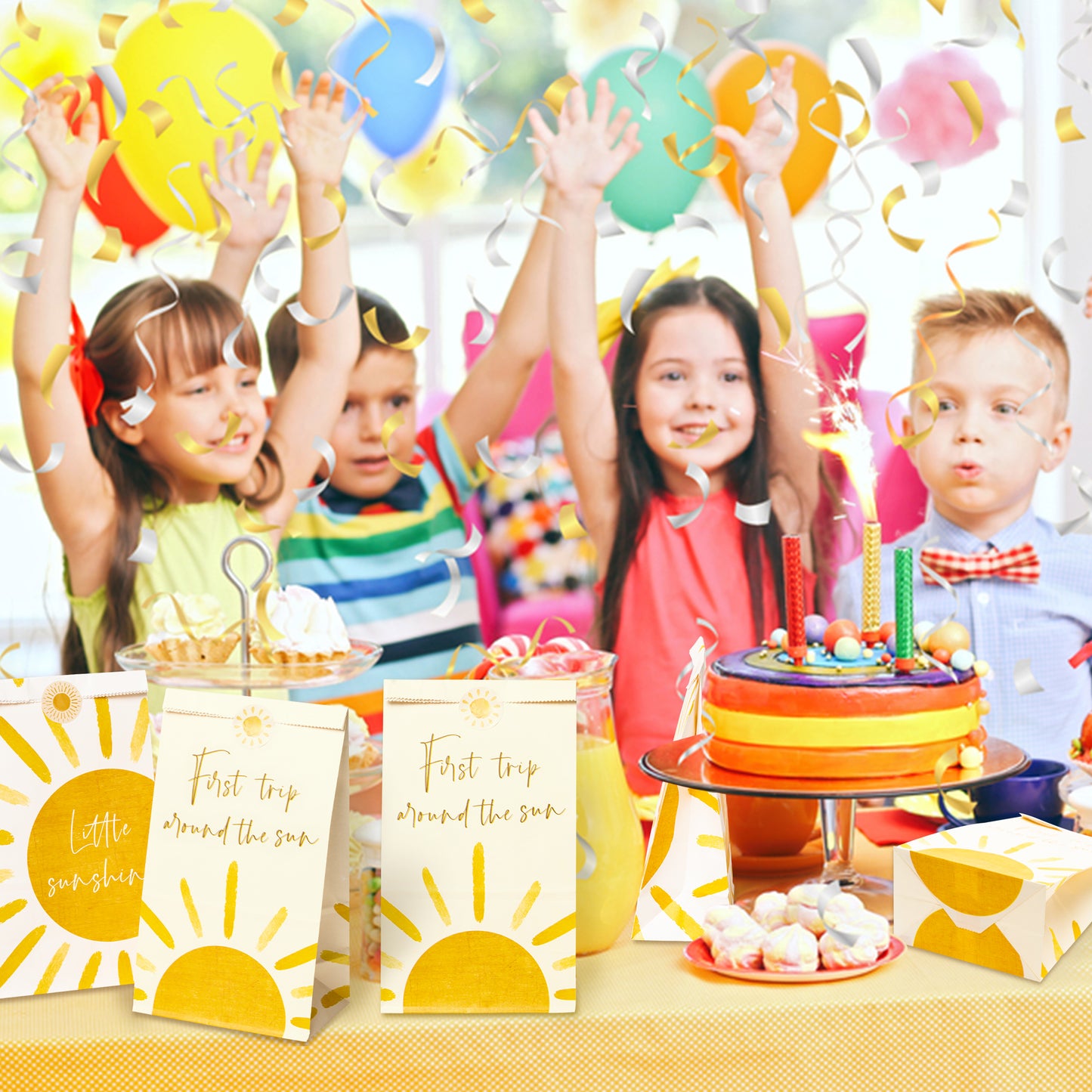 G1ngtar 24 Pcs Boho Sun First Trip Around The Sun Party Favor Bags with Bohemian Hippie Rainbow Little Sunshine Stickers You are My Sunshine First Birthday Party Decoration Supplies for Boys Girls