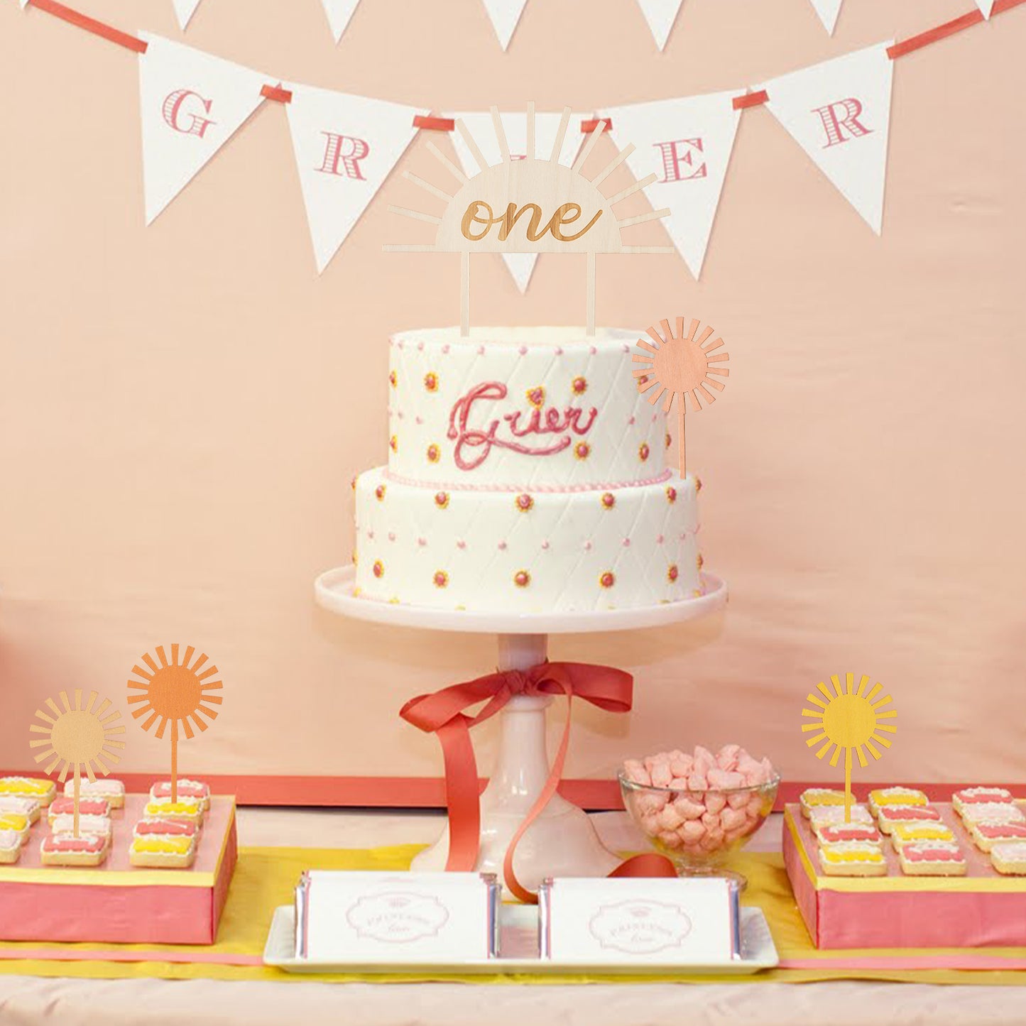 G1ngtar 5Pcs Boho Sun First Birthday Wood Cake Toppers Bohemian Hippie Sunshine Cake Topper Dessert Cupcake Toppers Decor for First Trip Around the Sun Baby Shower Cake Smash Party Decoration Supplies