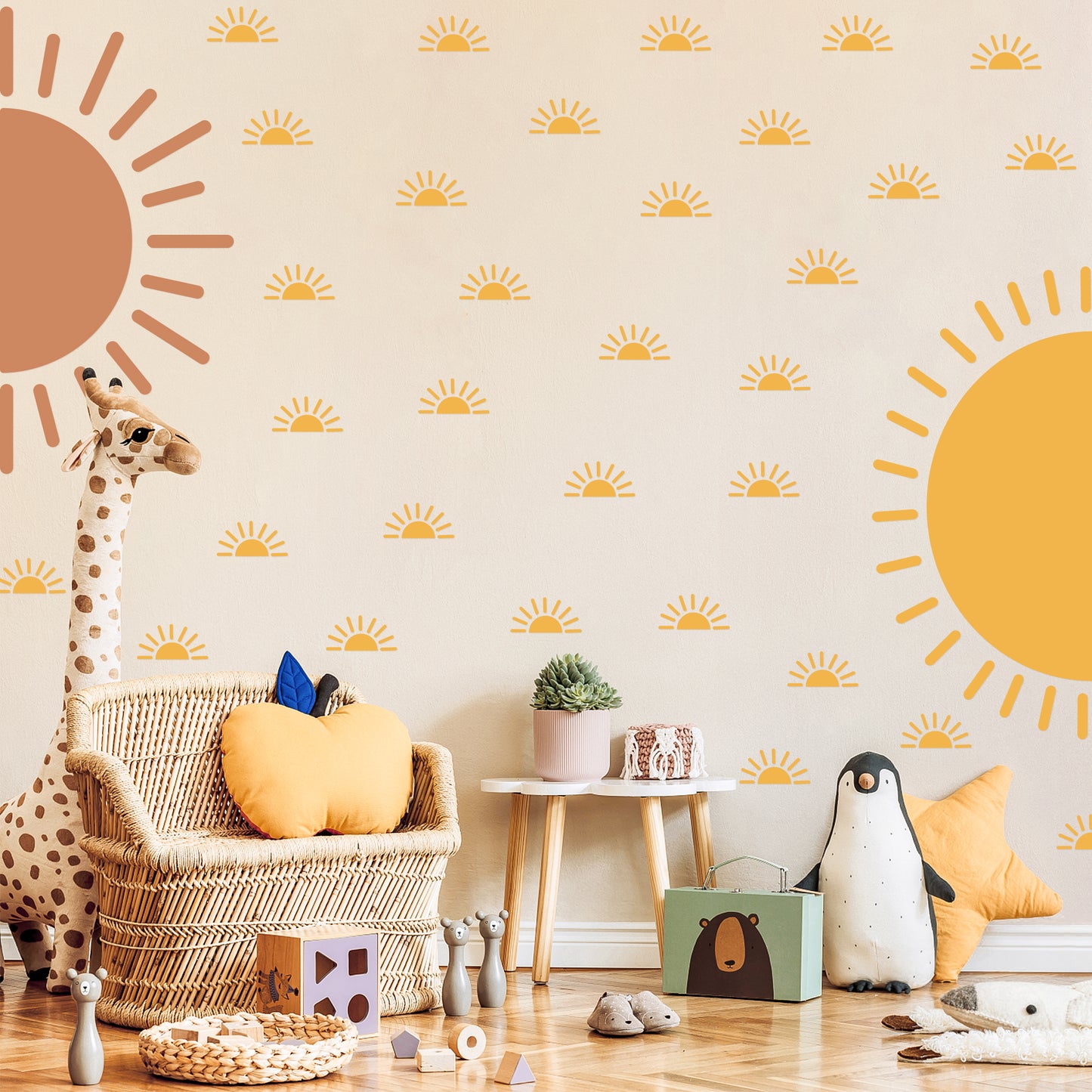 G1ngtar 38Pcs Boho Sunshine Wall Decor Hippie Half Sun Style Large Sunrise Vinyl Peel and Stick Wall Art Stickers First Trip Around The Sun Rustic Country Murals for Kids Room Nursery Classroom