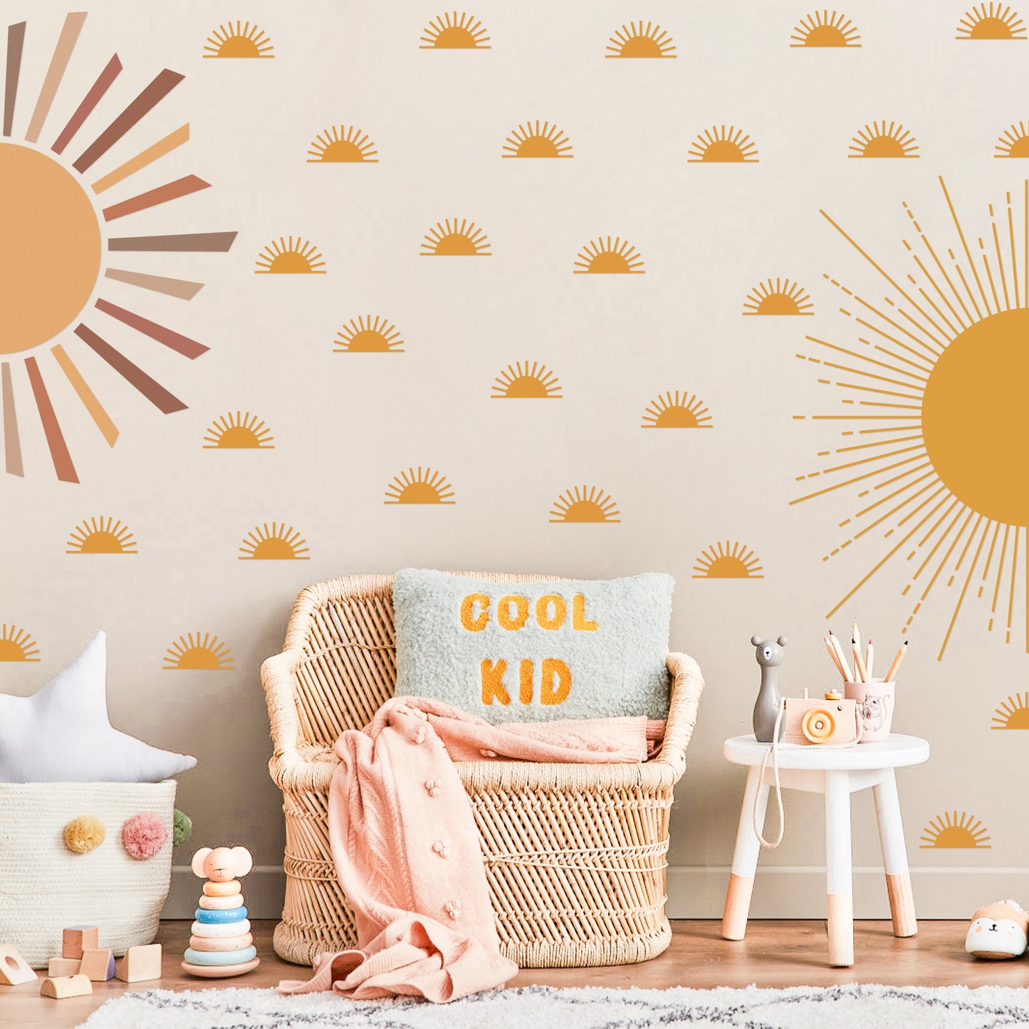 G1ngtar 38Pcs Boho Modern Sunshine Wall Decor Hippie Half Sun Style Large Sunrise Vinyl Peel and Stick Wall Art Stickers First Trip Around the Sun Rustic Country Murals for Kids Room Nursery Classroom