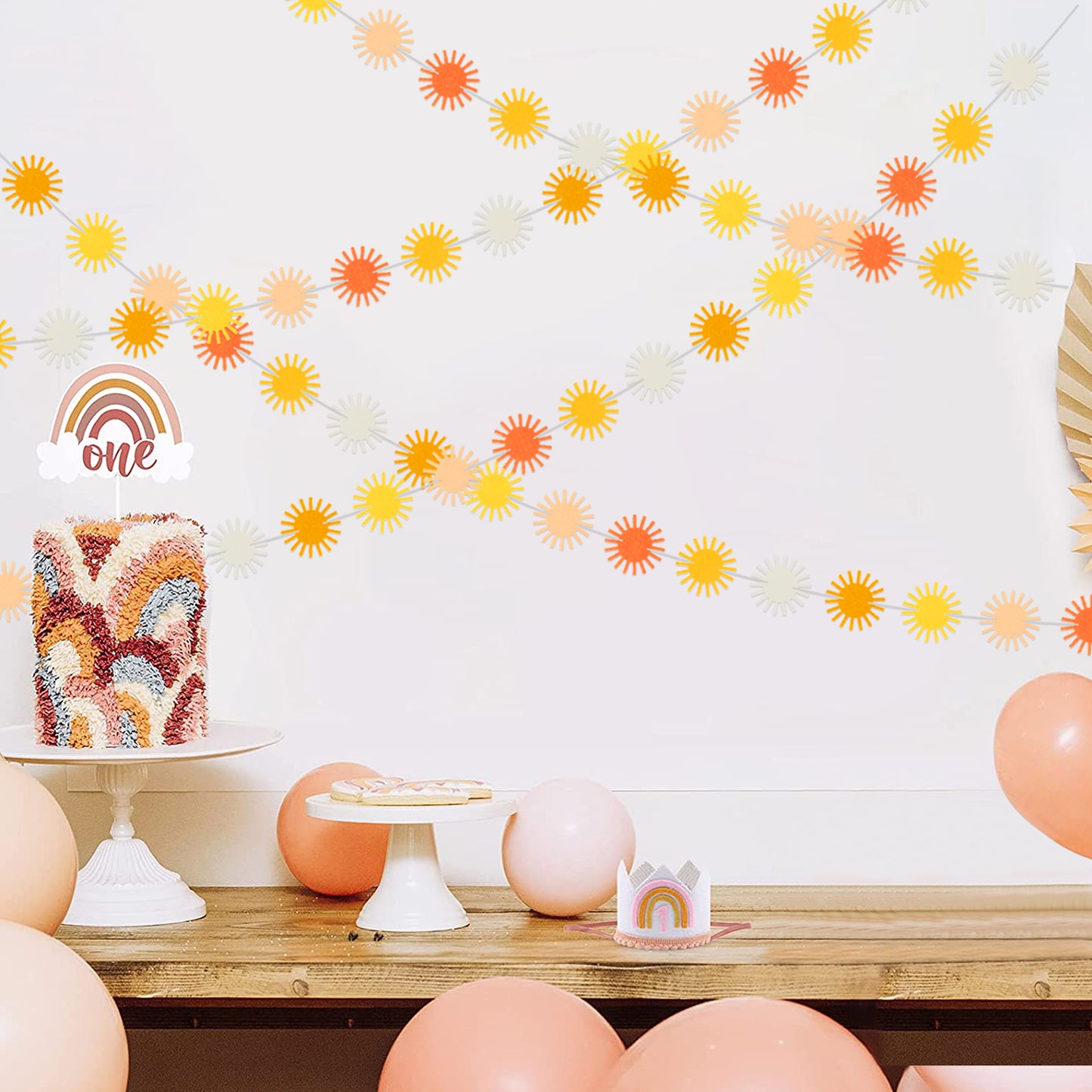 G1ngtar Boho Sun Garland Felt Artificial First Trip Around The Sun String Banner Bohemian Hippie Boho Muted Sun Party Supplies Aesthetic Indoor Outdoor Party Decoration for Baby Shower Wedding, 4Pcs
