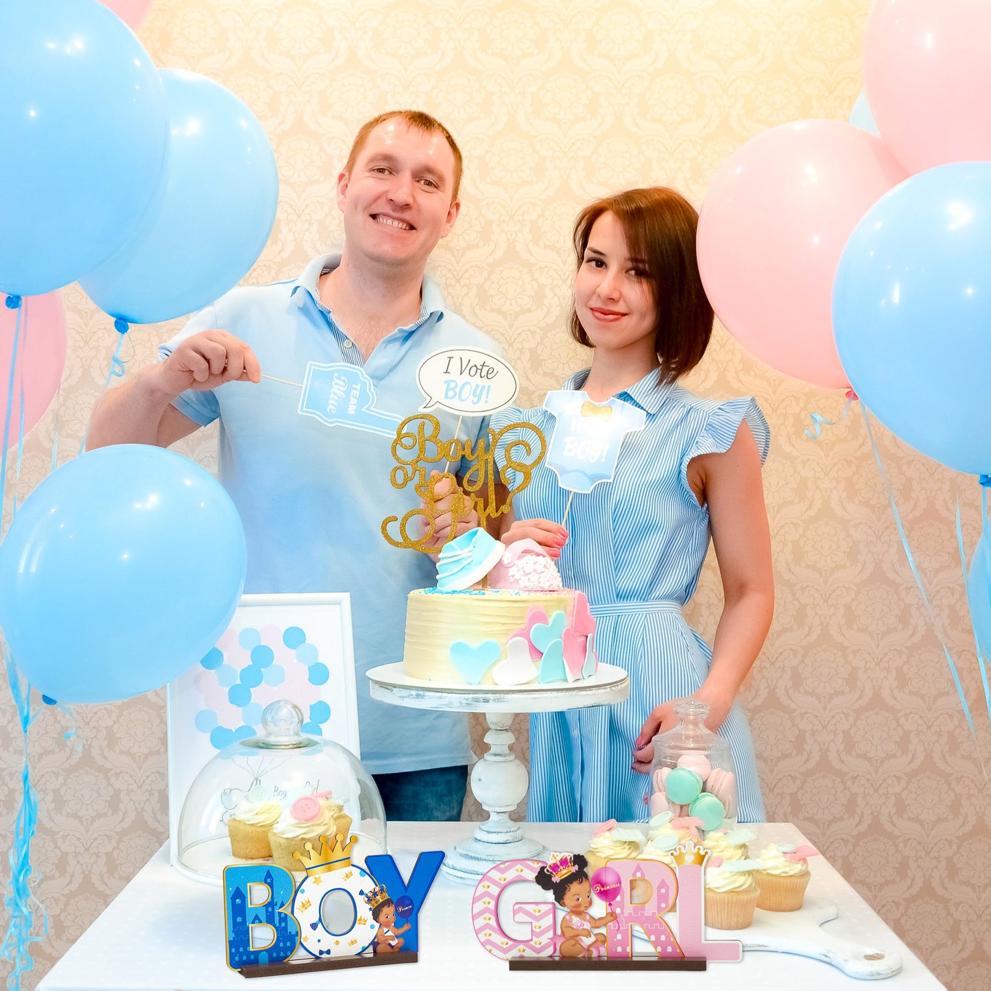 G1ngtar 2Pcs Royal Prince or Princess Gender Reveal Wooden Table Centerpieces African American Boy or Girl Letter Signs Blue and Pink Party Decorations Supplies for He or She Gender Reveal Baby Shower