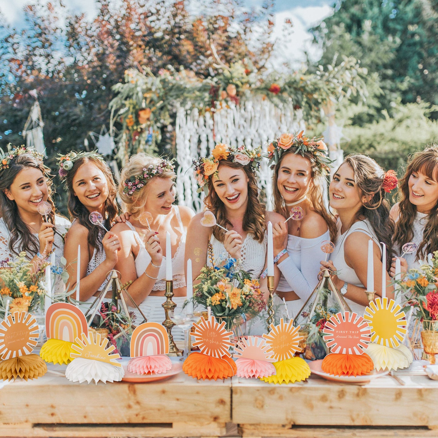 G1ngtar 9Pcs Boho Sun Honeycomb Centerpieces Table Toppers Bohemian Hippie Rainbow Muted Sun Table Decor First Trip Around the Sun Birthday Party Decoration Baby Shower Supplies for Baby Boys Girls