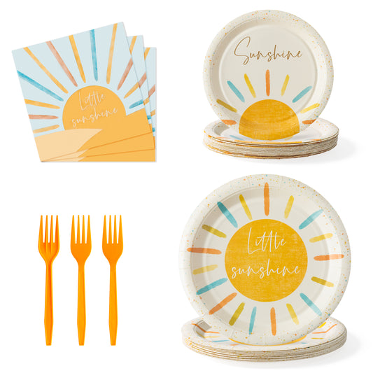 G1ngtar 96Pcs Retro Boho Sun Sunshine Party Tableware Set - Include Paper Plates Napkins Forks, Here Comes The Son First Trip Around the Sun Theme Disposable Party Supplies for Baby Shower Birthday