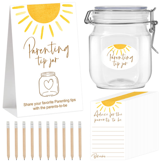 G1ngtar Boho Sun Baby Shower Game - Baby Shower Advice for Parents to Be - Parenting Tip Jar Sign 60 Parenting Advice Cards 2 Cute Stickers 1 PET Bottle 10 Pencils for New Parents Guests