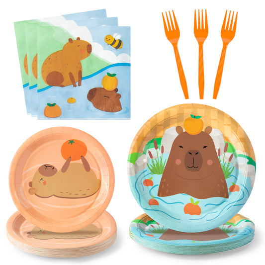 G1ngtar 96Pcs Capybara Party Plates Supplies - Cute Cartoon Capybara Party Tableware Decorations Animal Orange Disposable Paper Plates Napkins Forks for Kids Birthday Baby Shower, Serves 24 Guests