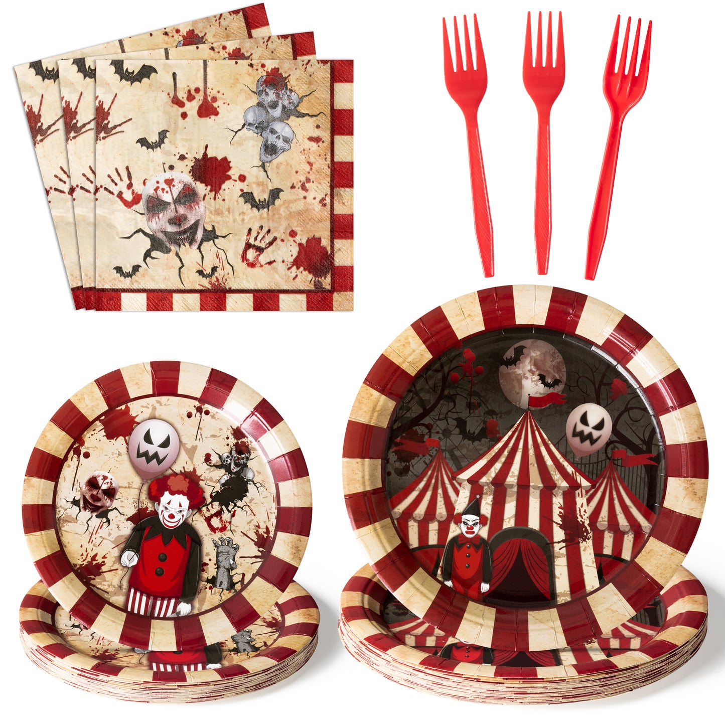 G1ngtar 96Pcs Halloween Circus Party Plates Supplies - Creepy Carnival Party Tableware Decoration Horror Evil Skull Disposable Paper Plates Napkin Fork for Kids Birthday Baby Shower, Serves 24