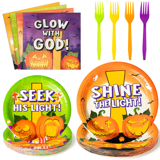 G1ngtar 96Pcs Halloween Christian Pumpkin Party Plates Supplies - Jesus Religious Party Tableware Decoration Ghost Disposable Paper Plates Napkin Fork for Kid Birthday Baby Shower, Serves 24 Guest