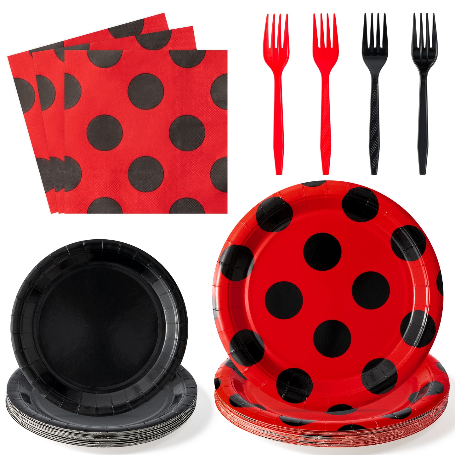 G1ngtar 96Pcs Ladybug Party Plates Supplies - Red and Black Polka Dot Party Tableware Decorations Cute Lady Bug Disposable Paper Plates Napkins Forks for Kids Birthday Baby Shower, Serves 24 Guests