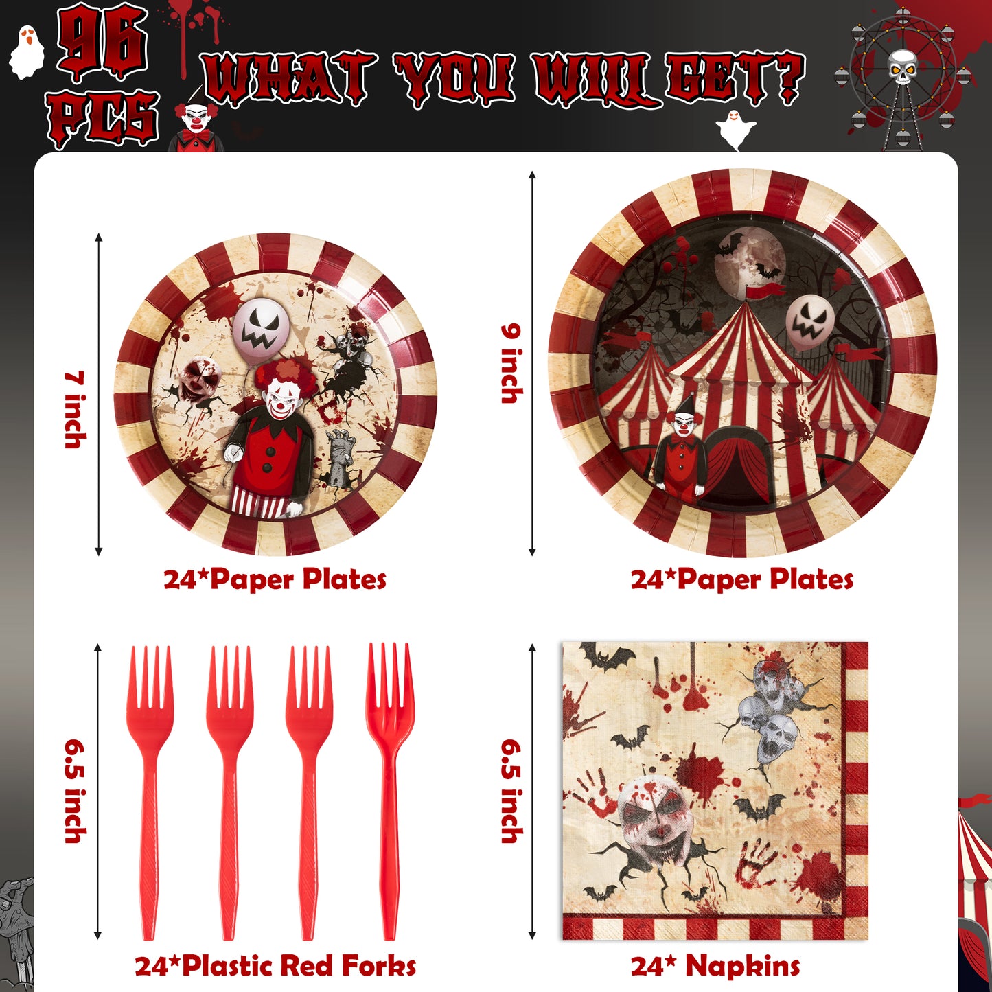 G1ngtar 96Pcs Halloween Circus Party Plates Supplies - Creepy Carnival Party Tableware Decoration Horror Evil Skull Disposable Paper Plates Napkin Fork for Kids Birthday Baby Shower, Serves 24