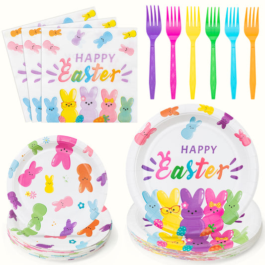 G1ngtar 96Pcs Easter Bunny Peeps Party Plates Supplies - Happy Easter Rabbits Party Tableware Decorations Disposable Paper Plates Napkins Forks for Kids Easter Spring Birthday Baby Shower, Serves 24