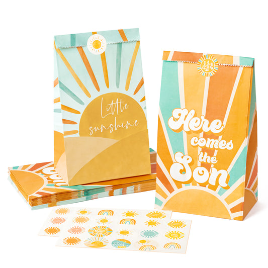 G1ngtar 24Pcs Here Comes the Son Party Favor Bags with Stickers, Retro Hippie Bohemian Muted Sunrise Goodies Bags First Trip Around the Sun You Are My Sunshine Birthday Party Decoration Supplies
