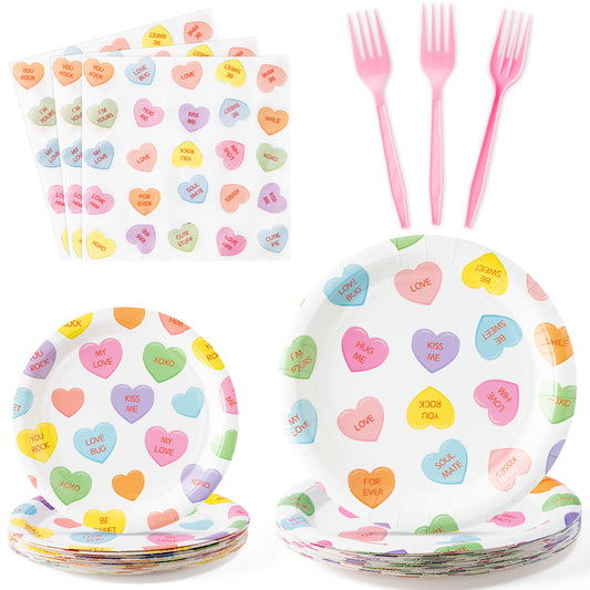 G1ngtar 96Pcs Conversation Heart Party Plates Supplies Valentine’s Day Party Tableware Decoration Colorful Heart Candy Disposable Paper Plates Napkins Forks for Valentine Birthday Wedding, Serves 24