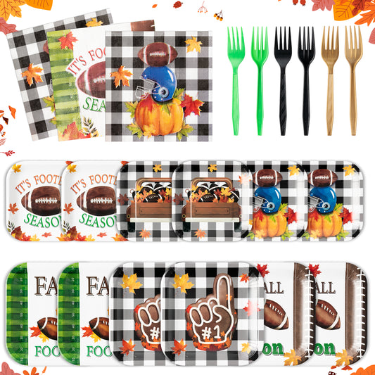 G1ngtar 96Pcs Fall Football Party Plates Supplies - Thanksgiving Autumn Party Tableware Decorations Maple Farmhouse Rustic Disposable Paper Plates Napkins Forks for Kid Birthday Sport Game, Serves 24