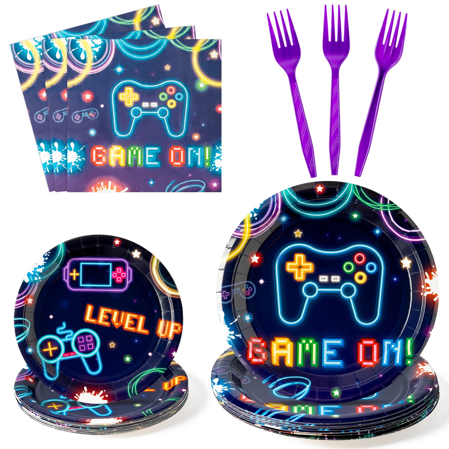 G1ngtar 96Pcs Video Game Party Plates Supplies Neon Game On Party Tableware Decorations Glow In The Dark Cool Disposable Paper Plates Napkins Forks for Kids Gamer Birthday, Serves 24 Guests