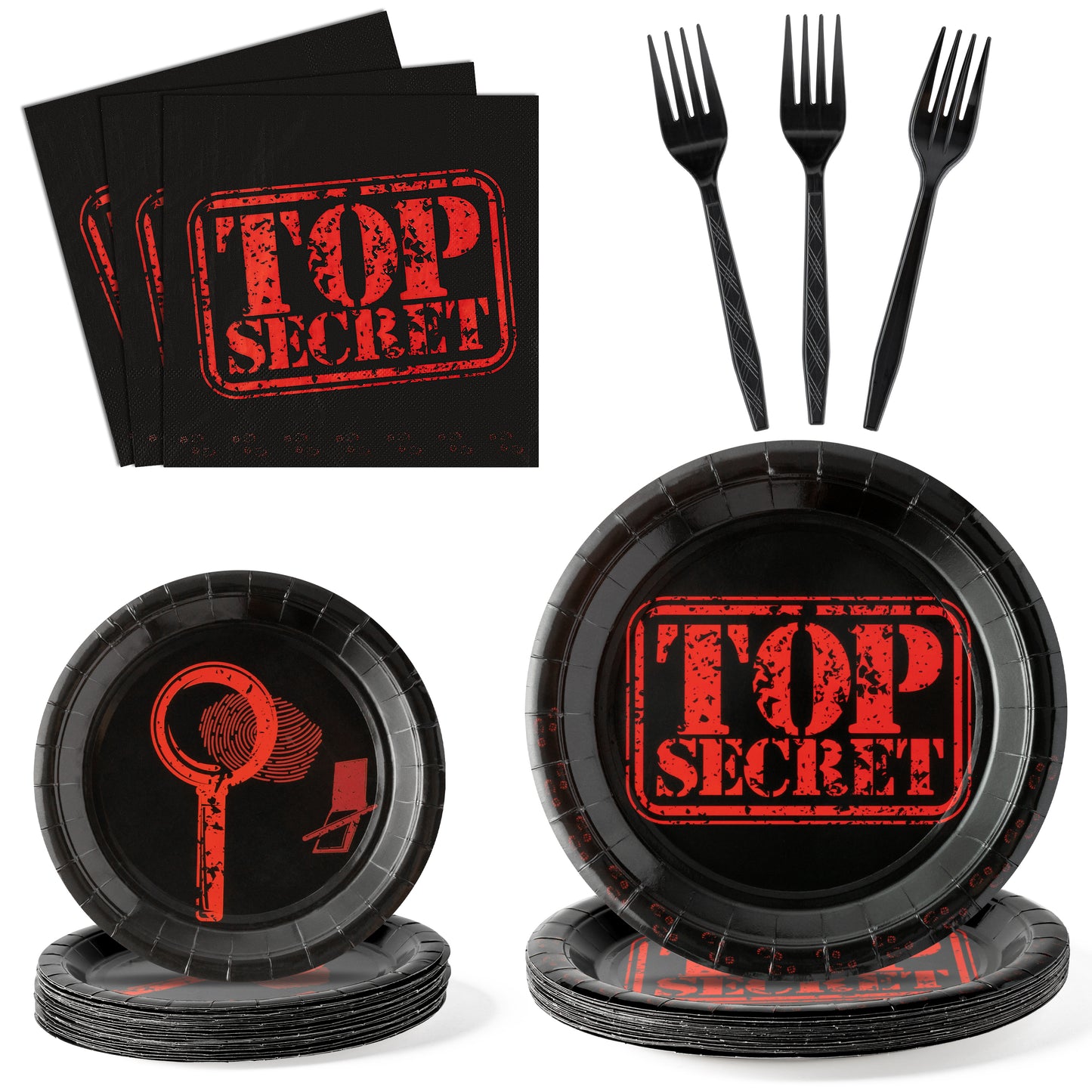 G1ngtar 96Pcs Top Secret Party Plates Supplies Secret Agent Spy Detective Party Tableware Decorations Escape Room Disposable Paper Plates Napkins Forks for Birthday Activities Halloween, Serves 24