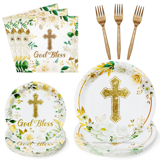 G1ngtar God Bless Flower Plates - 96Pcs Party Plates Supplies Baptism Tableware White Floral Religious First Holy Communion Disposable Paper Plates Napkins Forks for Christening Baby Shower, Serves 24