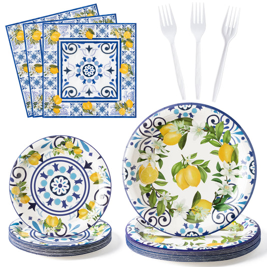 G1ngtar 96Pcs Capri Lemon Party Plates Supplies Blue Tiles Yellow Lemon Party Tableware Decorations Summer Citrus Fruit Disposable Paper Plates Napkins Forks for Kids Birthday Baby Shower, Serves 24